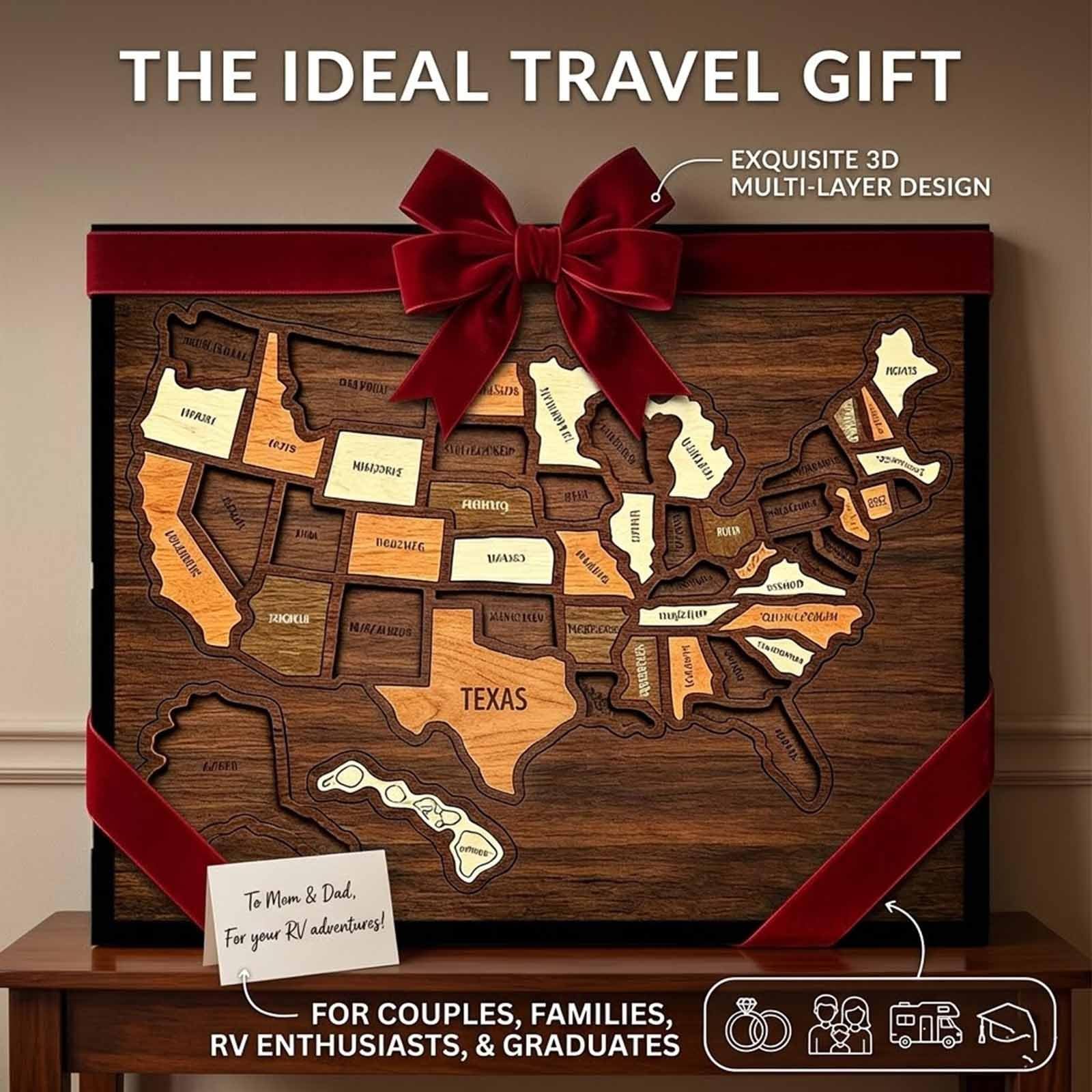 Holz-Puzzlerahmen mit USA-Reisekarte, Markierung der Staatskarte mit Elementen, Wanddekoration for Zuhause, Klassenzimmer, for Paare, Familie, Wohnmobil-Urlaub(A+Sticker*2pcs)