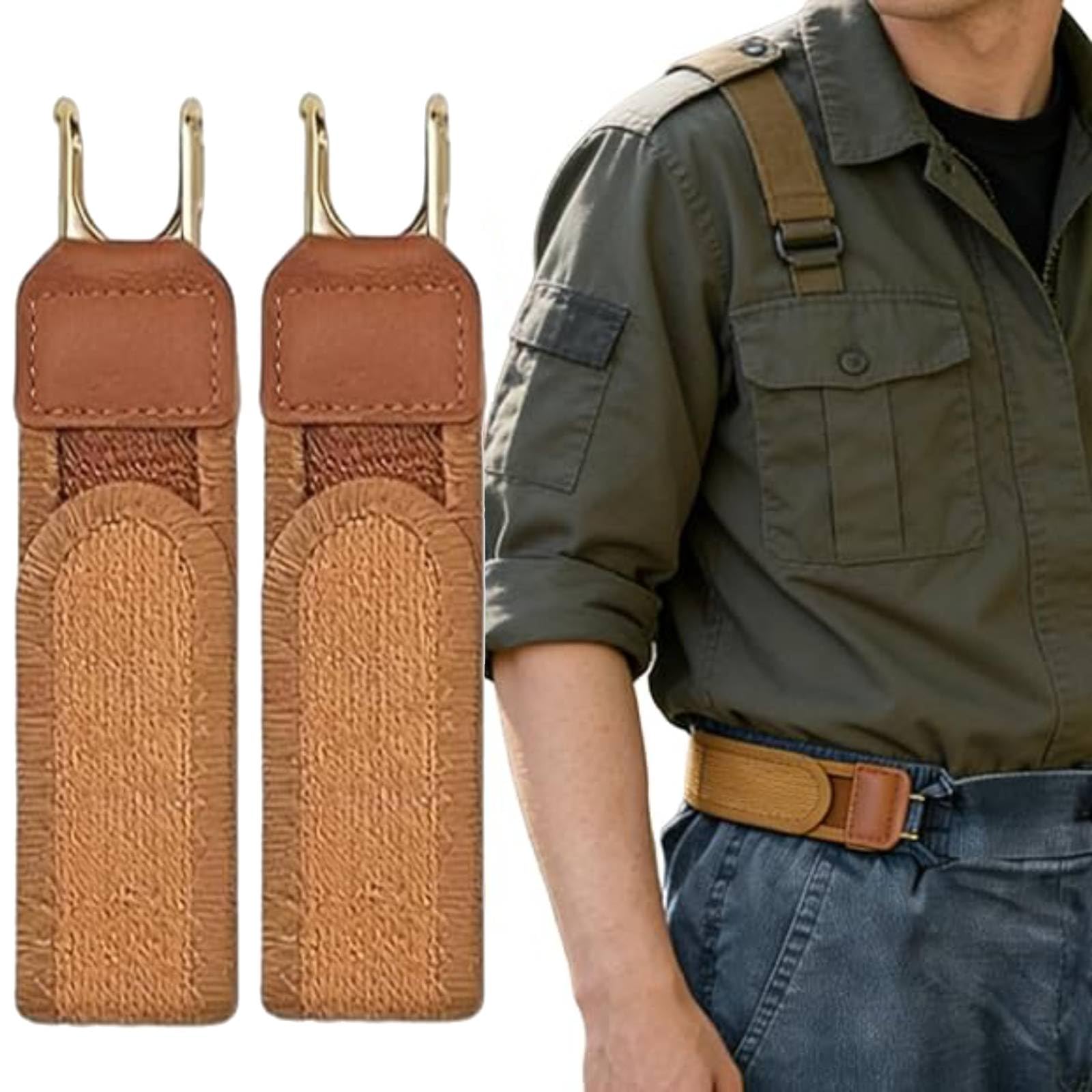 vokkrv 2PCS Metal Hook Tactical Elastic Belt, No Buckle Belts for Men, Buckless Belts for Men Women, Unisex Adjustable Side Belt, Suitable for Work Casual Business Travel Commuting (Brown)