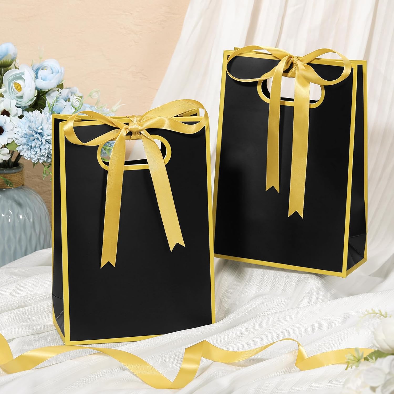 Kolldenn 30 Pcs Thank You Gift Bags with Handles 10.2 x 7.1 x 3.2 Inch Elegant Party Favor Bags with Ribbon Bow for Wedding Bridal Birthday Bridesmaid Holiday Party Supplies(Black) - Image 3