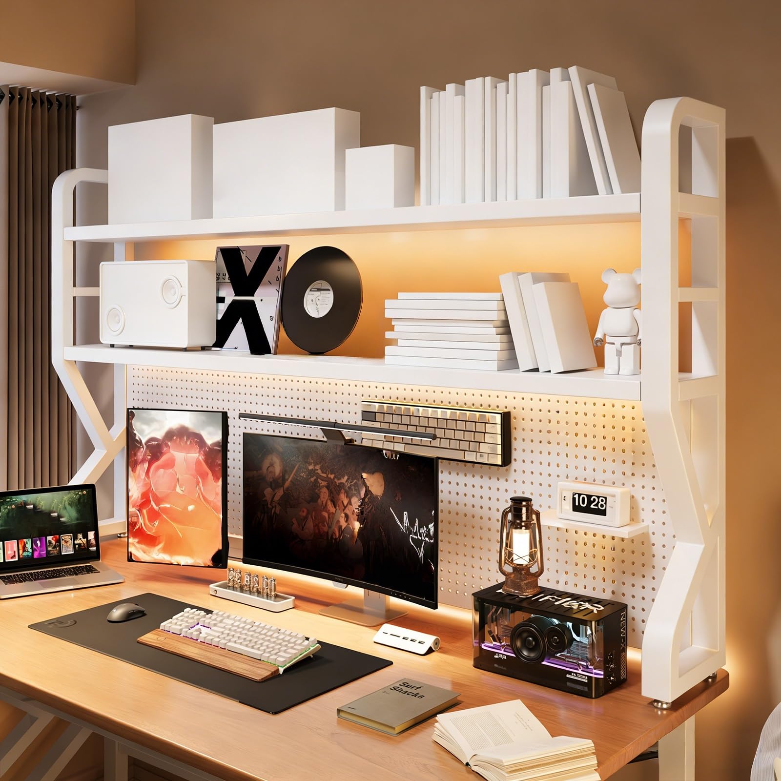Boohelf nizer - Scaffale da scrivania a 2 ripiani con pannello forato, in metallo, per ufficio e dormitorio, può contenere monitor fino a 32", bianco, 75 x 25 x 99 cm