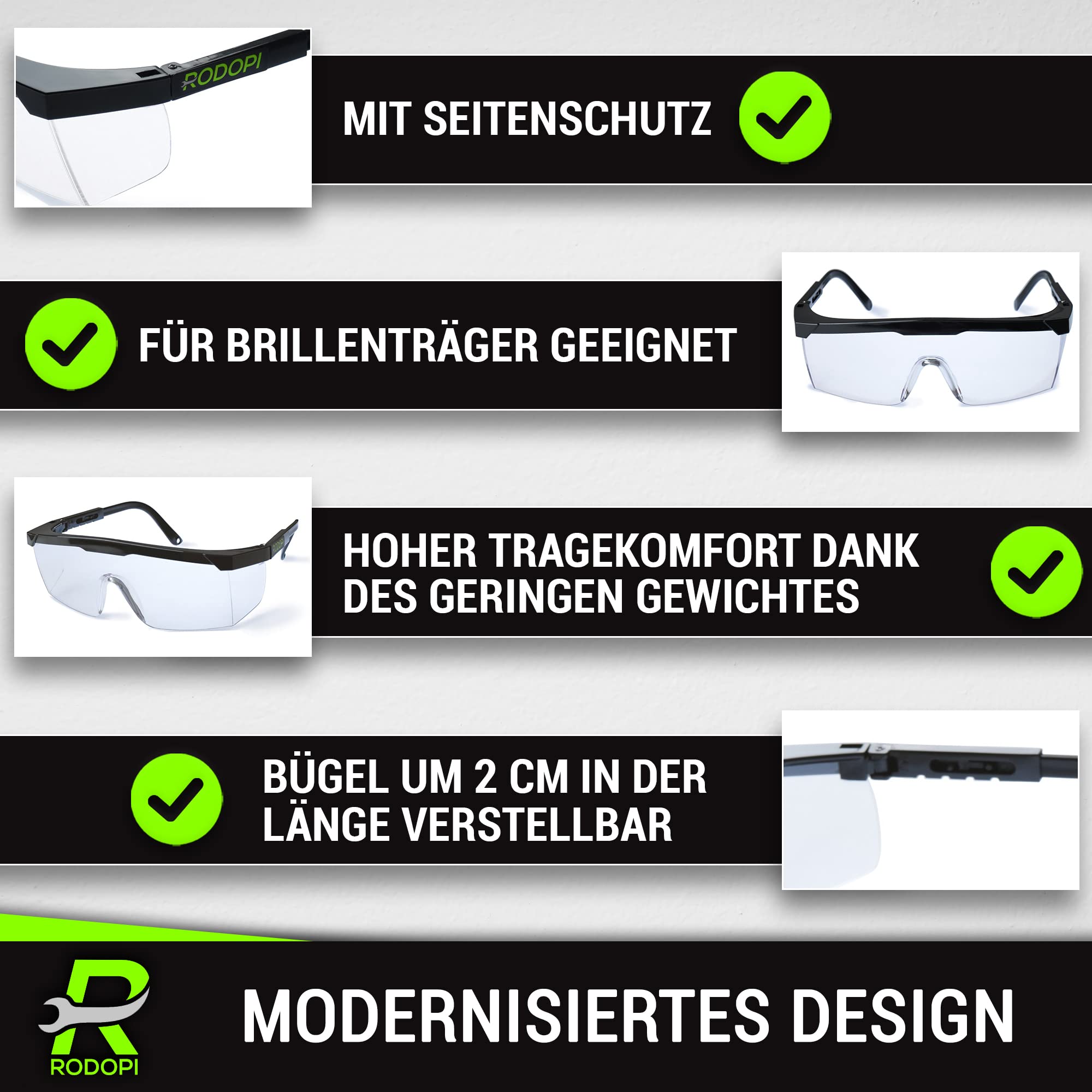 RODOPI ClearVision-FogX Schutzbrille verstellbar Sicherheitsbrille Anti Fog EN 166 1F Arbeitsschutzbrille Seitenschutz Überbrille Arbeit Labor Baustelle