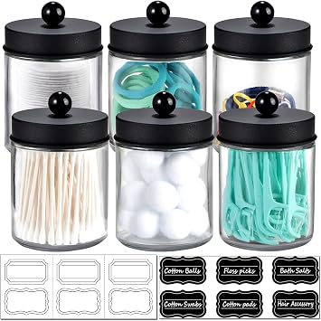 Amolliar 6Pc Apothecary Jars Bathroom Vanity Organizer- Rustic Farmhouse Decor Storage with Stainless Steel Lids- Qtip Dispenser Holder for Q-Tips, Cotton Swabs, Rounds, Ball, Flossers Black