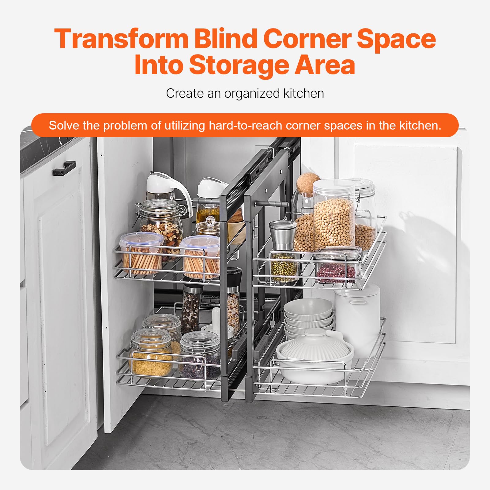 VEVOR Cieco Angolo Estraibile Organizzatore, 2 Ripiani 4 Ripiani Organizer per Mobile da Cucina, Cestino Portaoggetti in Acciaio al Carbonio Cromato con Apertura a Sinistra Destra 420 x 265 x 90 mm