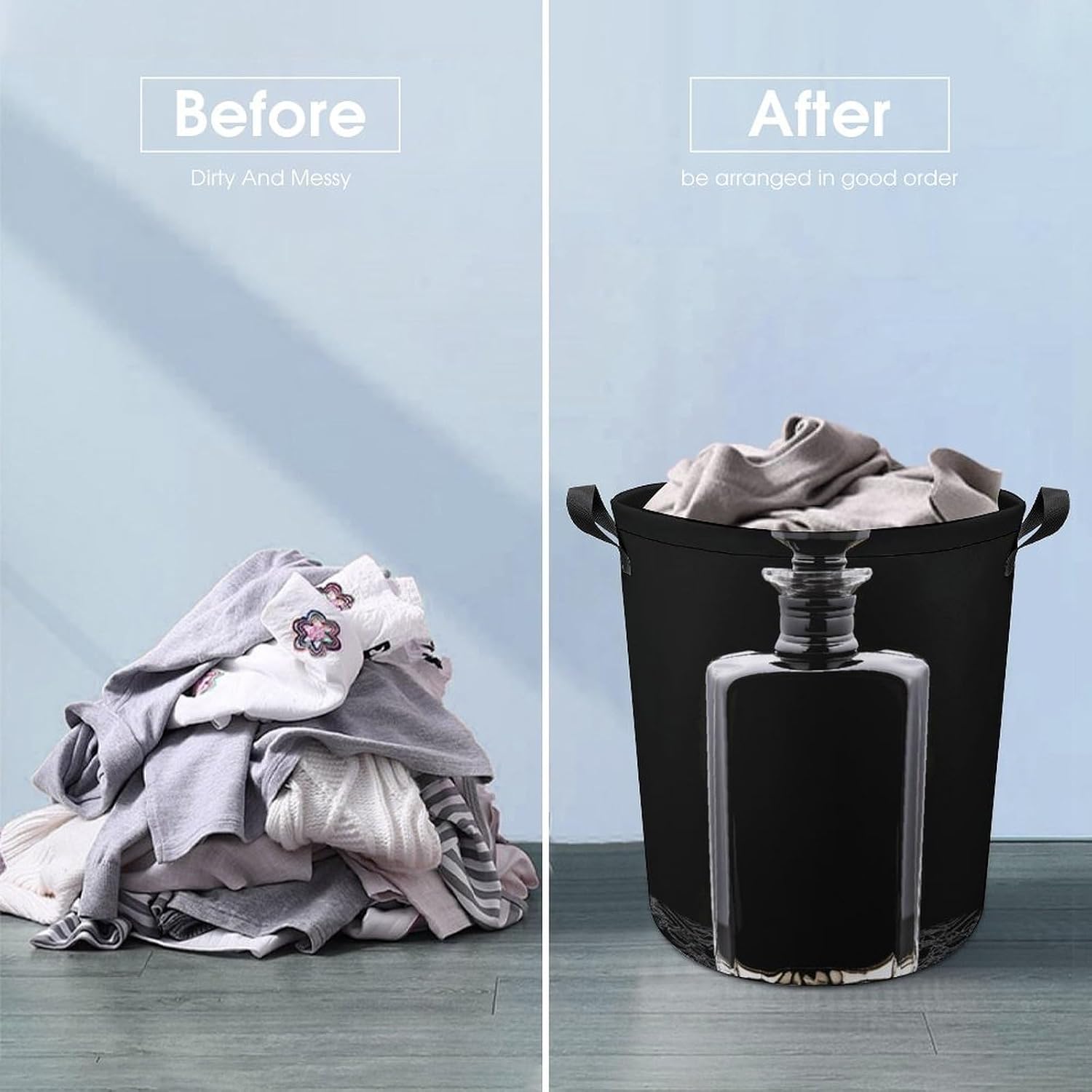 Laundry Hamper Black Perfume Bottle Laundry Basket Storage Basket Waterproof Circular Hamper with Handles Portable Dirty Clothes Hamper Clothes Storage Bin for Home Organizer Bedroom Dorm image 5