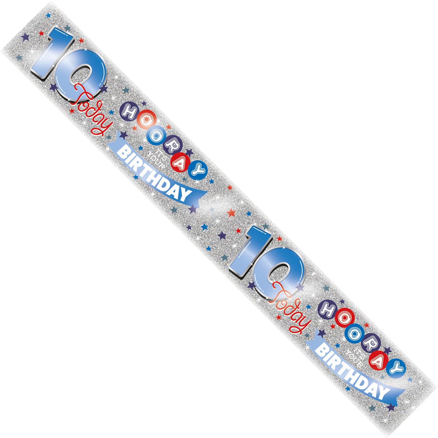 Age 10 Birthday Banner Blue, Red And Silver Holographic Recyclable 10th