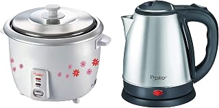 Prestige Electric Kettle Pkoss - 1500Watts, Steel (1.5 Liter), Black & Prwo 1.8-2 700-Watts Delight Electric Rice Cooker With 2 Aluminium Cooking Pans - 1.8L, White
