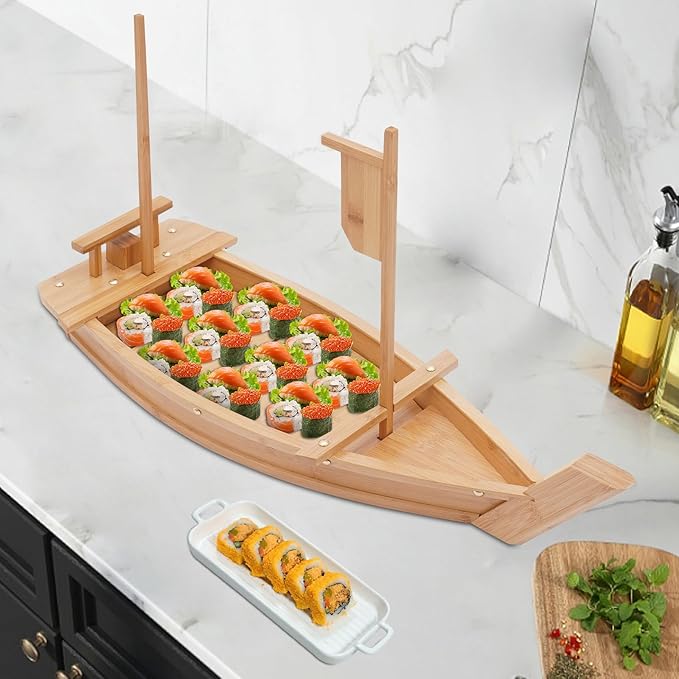 Bandeja Servir Sushi Bambú 70x24cm Forma Barco miniatura 2