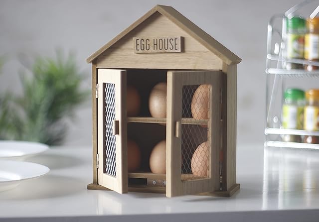 HomeZone Wooden Egg House Novelty Eggs Rustic Farmhouse Kitchen Egg Box Free Standing Egg Storage Box