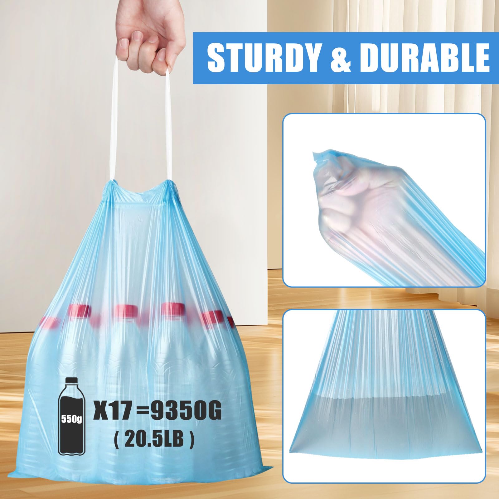 Bolsas de basura biodegradables de 4 galones, bolsa de basura con cordón, fácil de separar, reciclaje, gruesas, resistentes, para cocina, dormitorio, baño, oficina (100 unidades, azul)