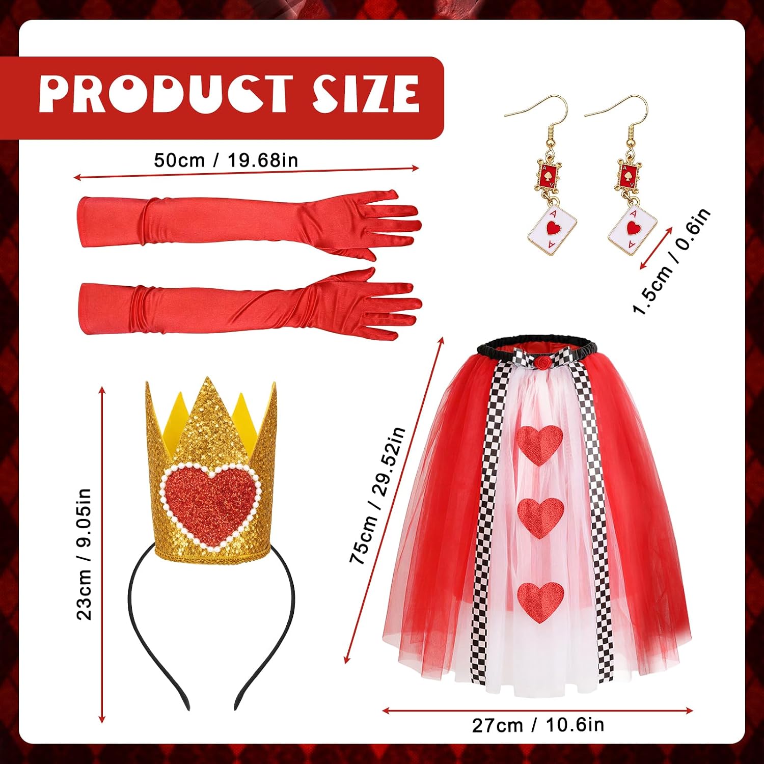 Queen of Hearts Costume Women Long Tutu Skirt Crown Headband Red Gloves Halloween Queen Fancy Dress for Adults