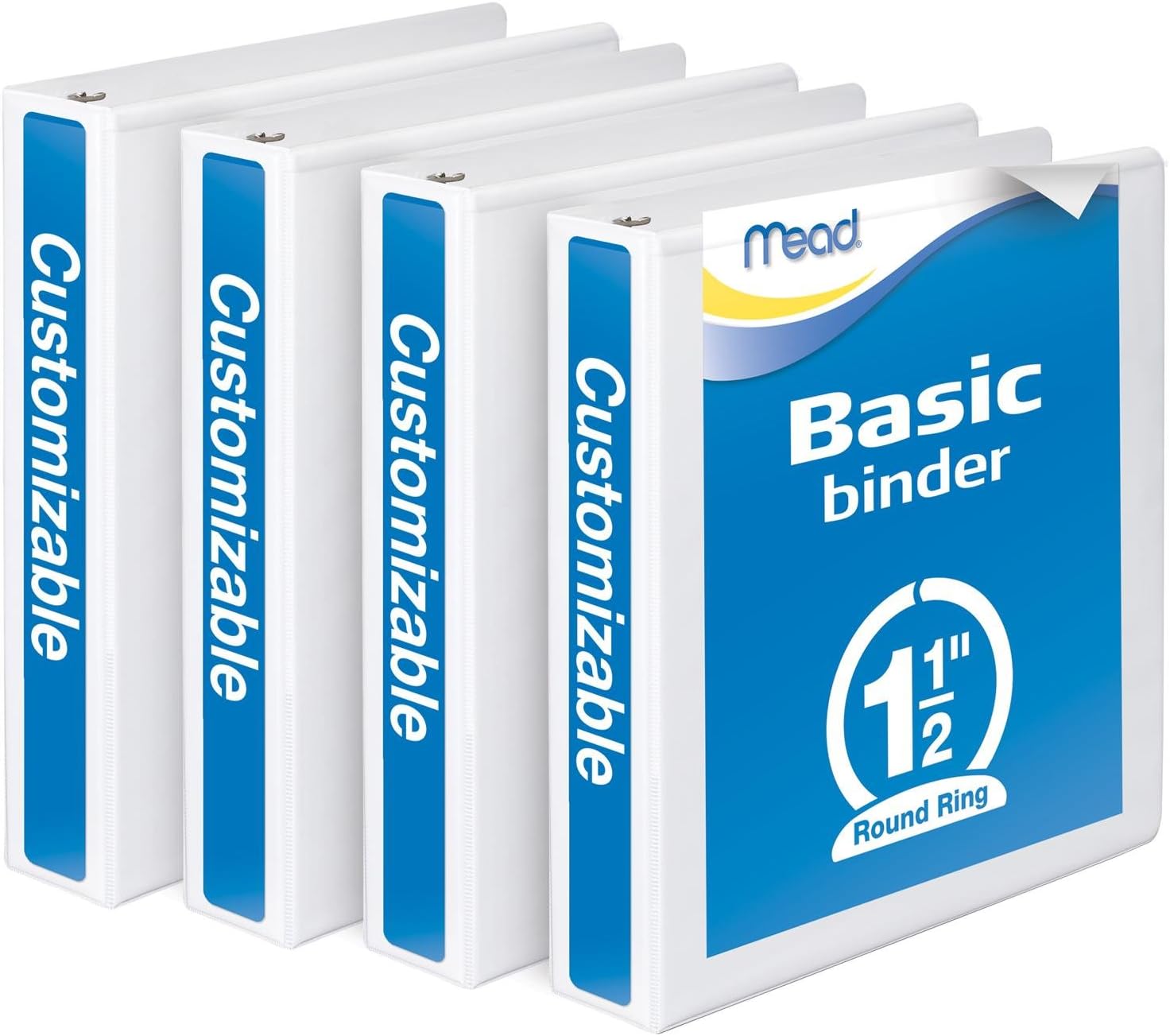 Mead 3 Ring Binder, Customizable, 1.5 Inch Round Ring, 4 Pack, White (W463-34WPP)