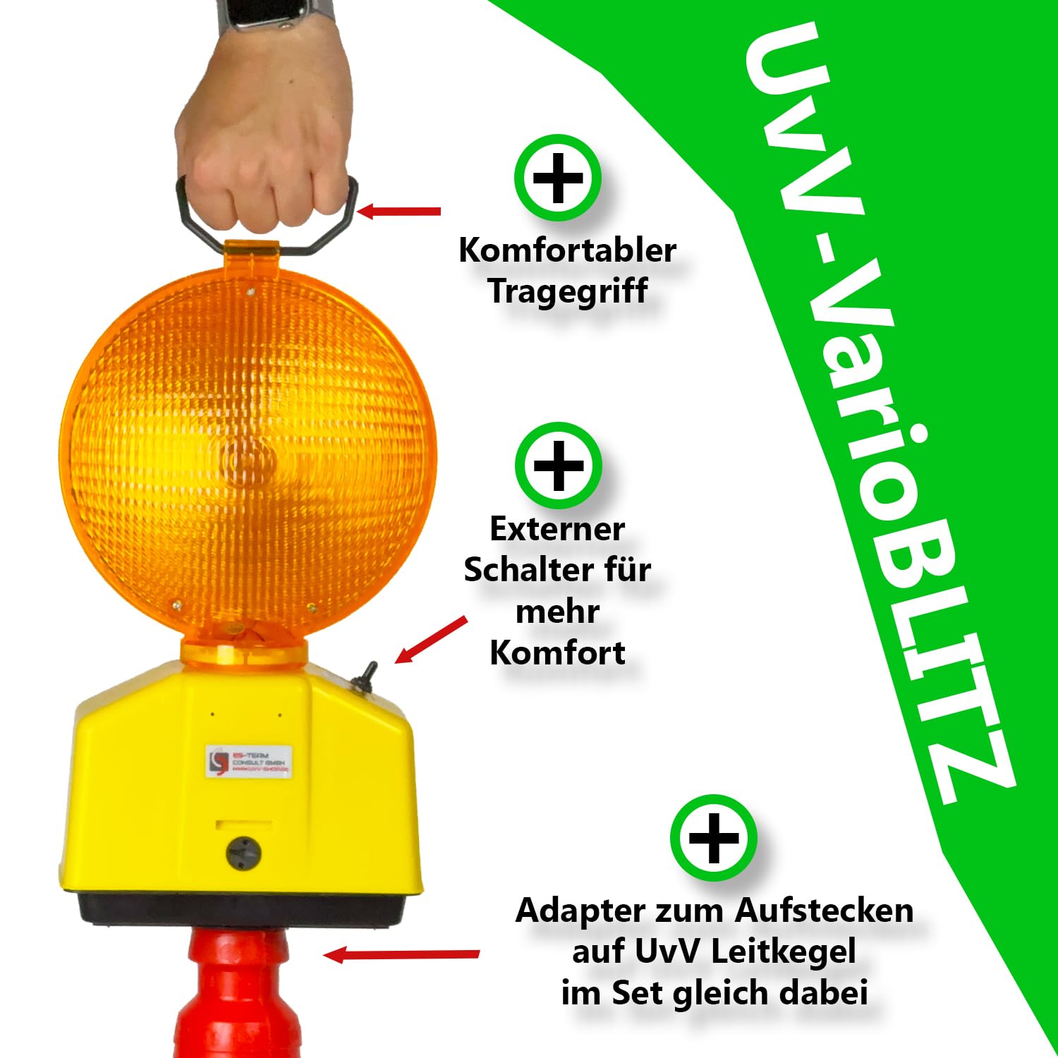 UvV-VarioBLITZ – Leitkegel mit Blitz-Warnleuchte (75 cm Bigfoot Leitkegel + VarioBLITZ)