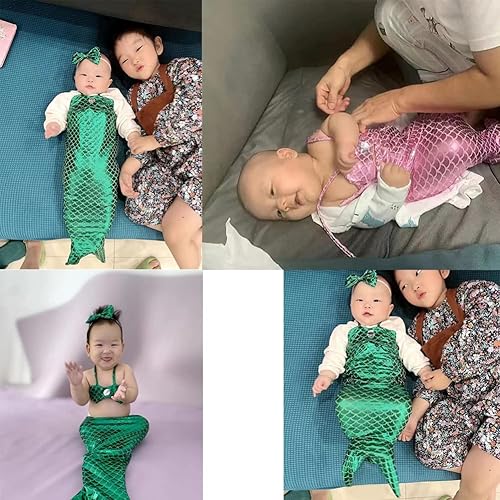 Miniatura 6 de Traje de sirena para bebé recién nacido, accesorios para fotos, diadema de fotografía, brasier de cola de sirena para bebés de 3 a 6 meses, rosa