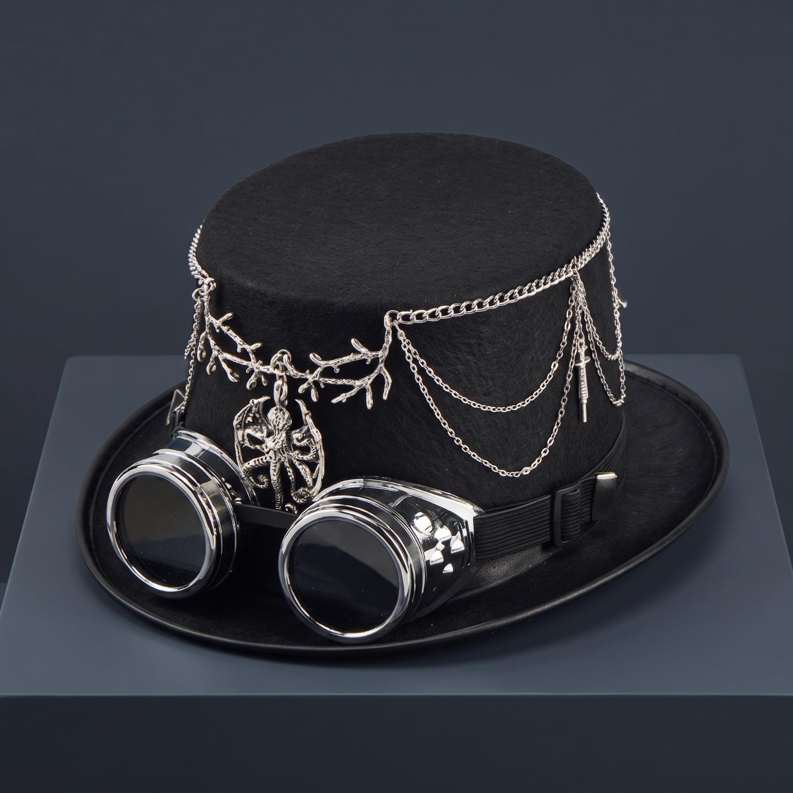 Steampunk Hat Cappello Cilindro Elegante Cappello Ampia Cappello con Occhiali Tondi Cappello Gotico in Lana E Feltro con Catene Argentate E Dettagli a