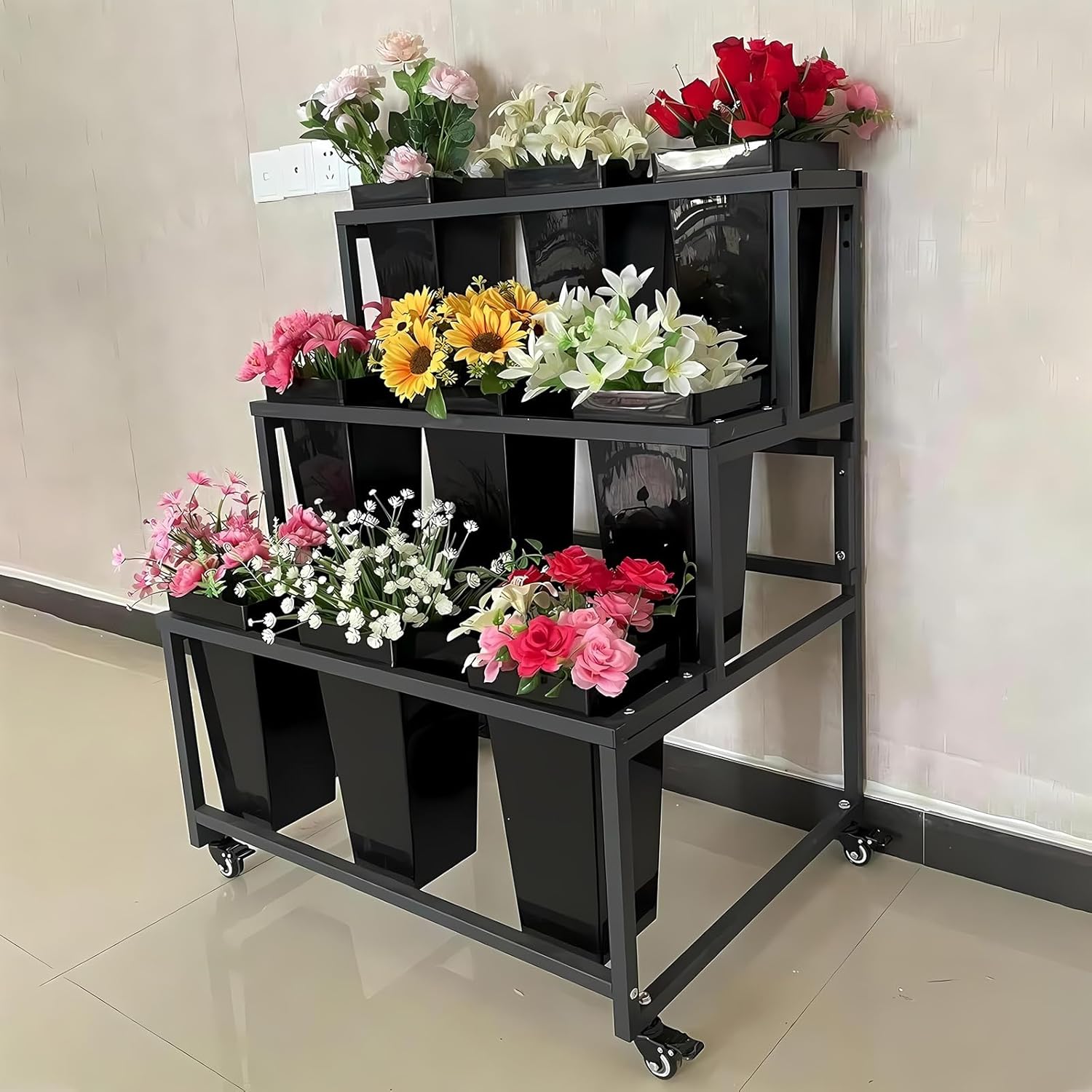 KEPMOGOH Flower Display Stand with 9pcs Buckets, 3 Tiers