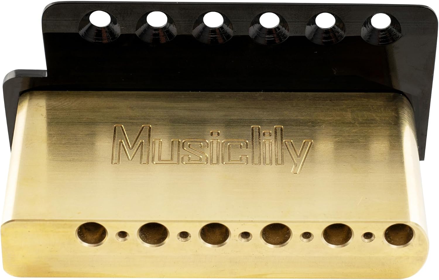Musiclily Ultra 52.5mm (2-1/16 inch) Standard 6-Screw ST Tremolo Bridge with Modern Brass Saddles 42mm Solid Brass Block Push-In Arm for Strat Style Electric Guitar, Black
