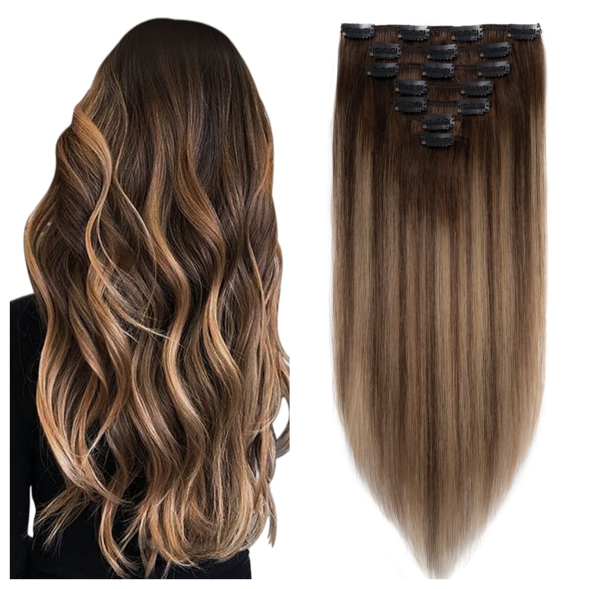 Photo 1 of Charites 18 Inch Clip in Hair Extensions Real Human Hair 7pcs 130g Chocolate Brown to Caramel Blonde Balayage Clip in Human Hair Extensions 