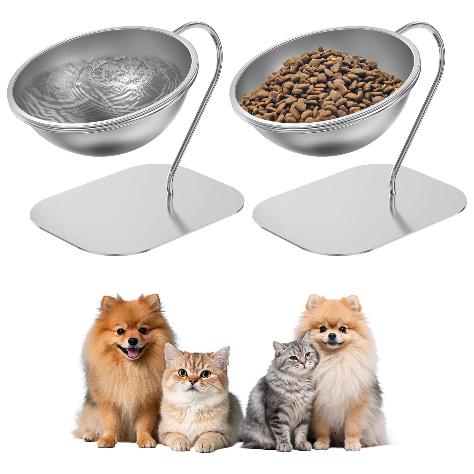 Raised Cat Bowls Small Dog 15° Tilted Elevated Anti Vomiting Food Feeding Dishes Stainless Steel Cat Water Bowl Feeding Station for Indoor Cats and Puppy Detachable Metal Bracket Non-slip Stand