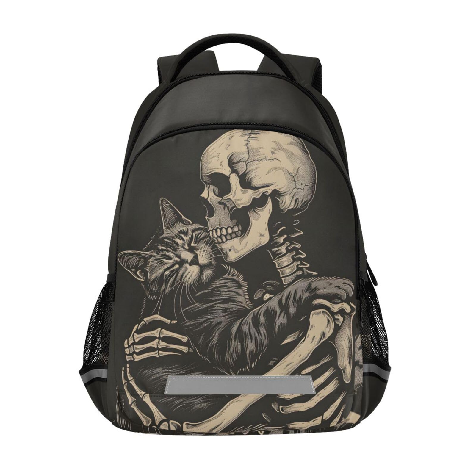 Skull Backpack for Students Boys Girls Cat and Skeleton Skull School Bag Travel Daypack Rucksack