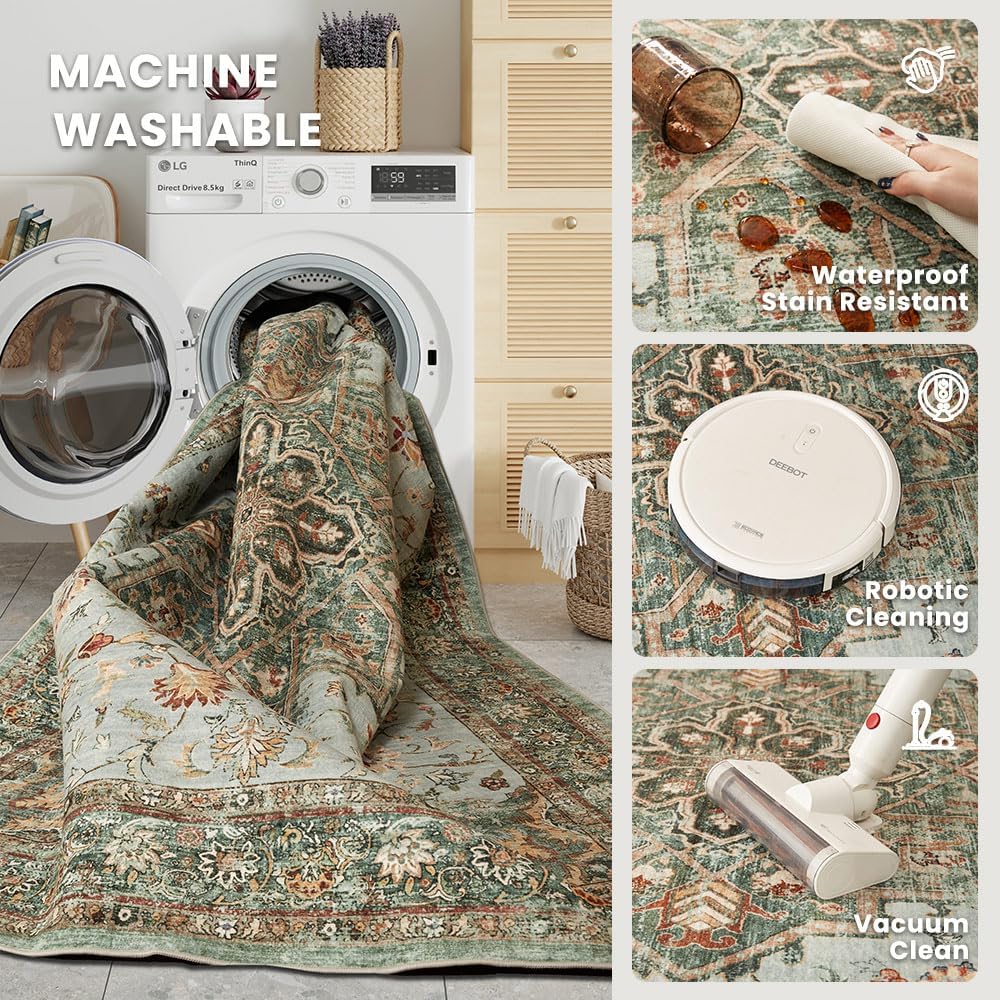 4x6 Green Washable Area Rug for Living Room, Dining Room, Bedroom, Large Carpets, Non Slip & Non-Shedding Low Pile Vintage Print Rug for Home Office Decor