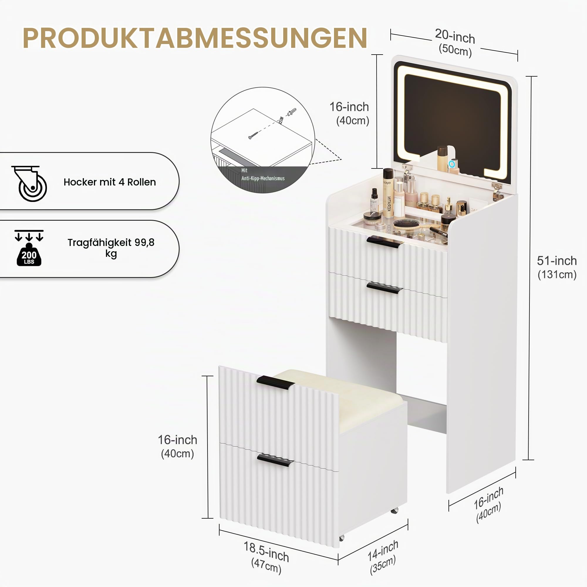 Lvifur Schminktisch mit LED-Spiegel,LED Schminktisch mit 3 Schubladen,Eckschminktisch mit Platz sparen,Dressing Table für Schlafzimmer,Wohnungen,Schlafsäle