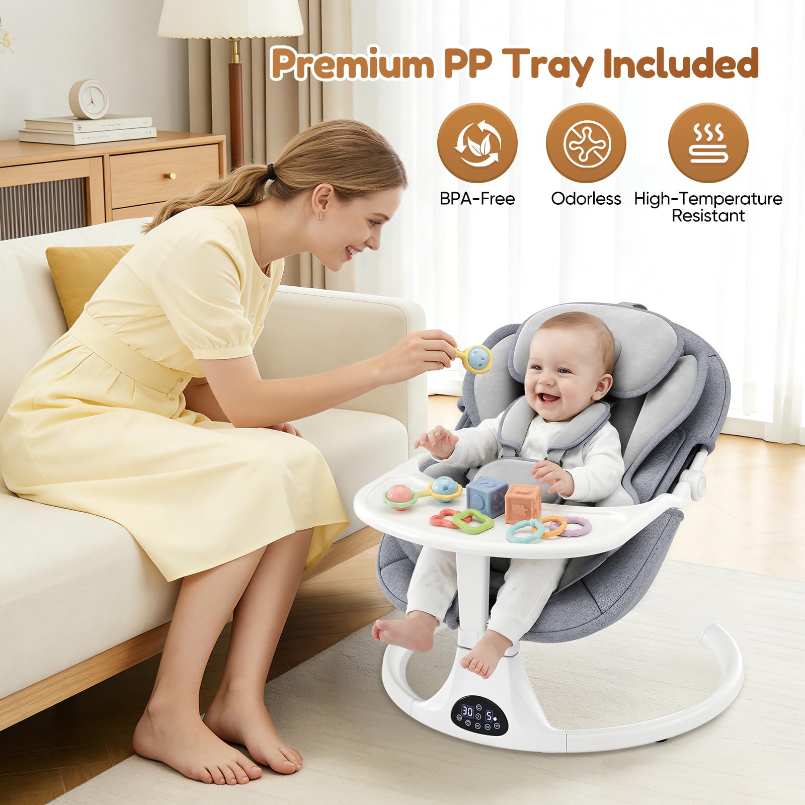 Dossier Réglable Transat Bébé Electrique, Balancelle Bébé Avec Coussin Amovible et Table D'appoint, Balançoire pour Baby avec 3 Minuteries et 5 Vitesses, 12 Mélodies, 3 Options D'alimentation (Gris)