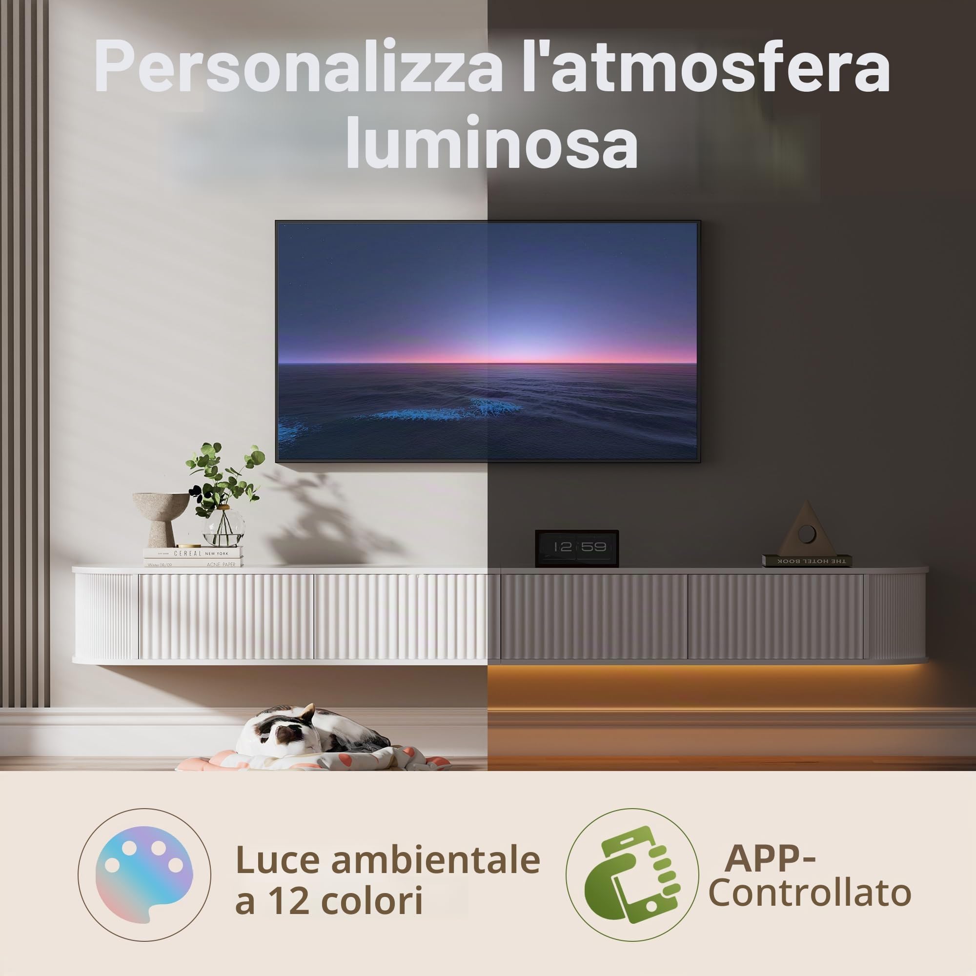 Mobile TV Sospeso con Luce LED – Mobile TV a Parete da 140CM con Archiviazione Migliorata & Bordi Arrotondati, Consolle Multimediale TV Moderna per TV da 65-75 Pollici