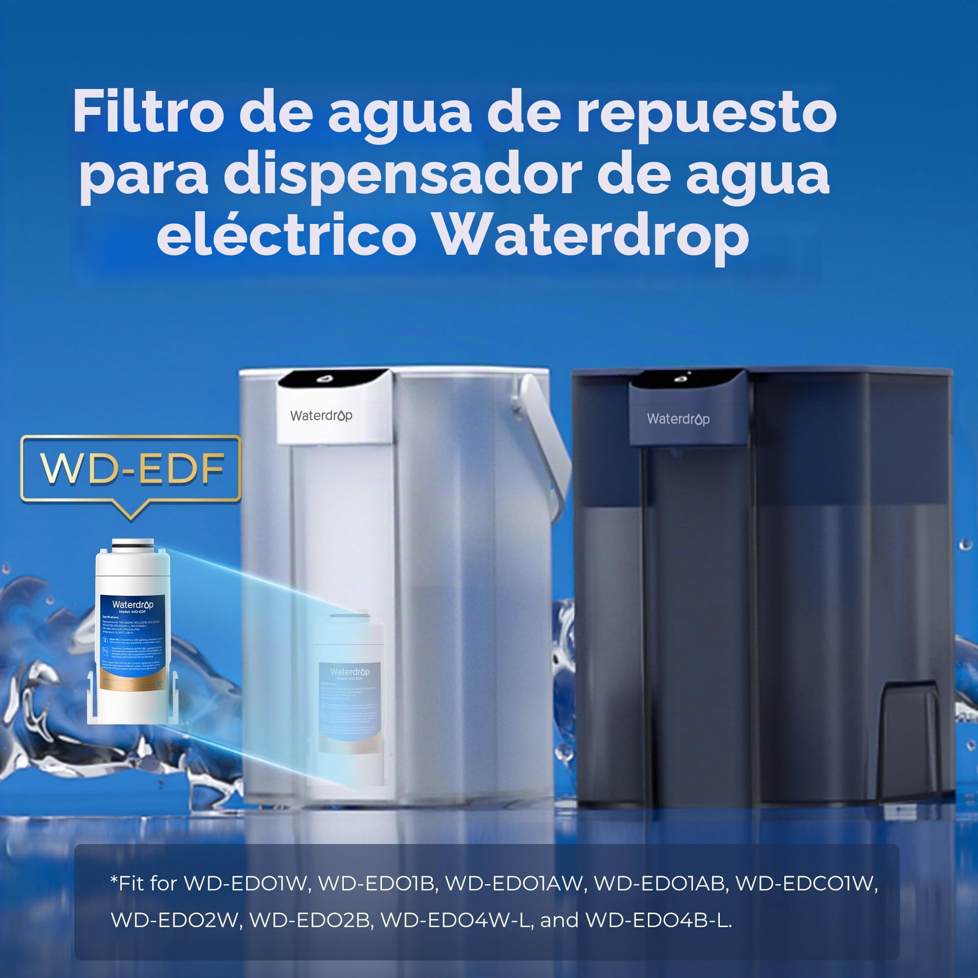 Waterdrop WD-EDF Filtros de repuesto para todas las jarras de filtro de agua instantáneas Waterdrop WD-ED01W, WD-ED01B, duran hasta 3 meses o 757 litros (paquete de 3)