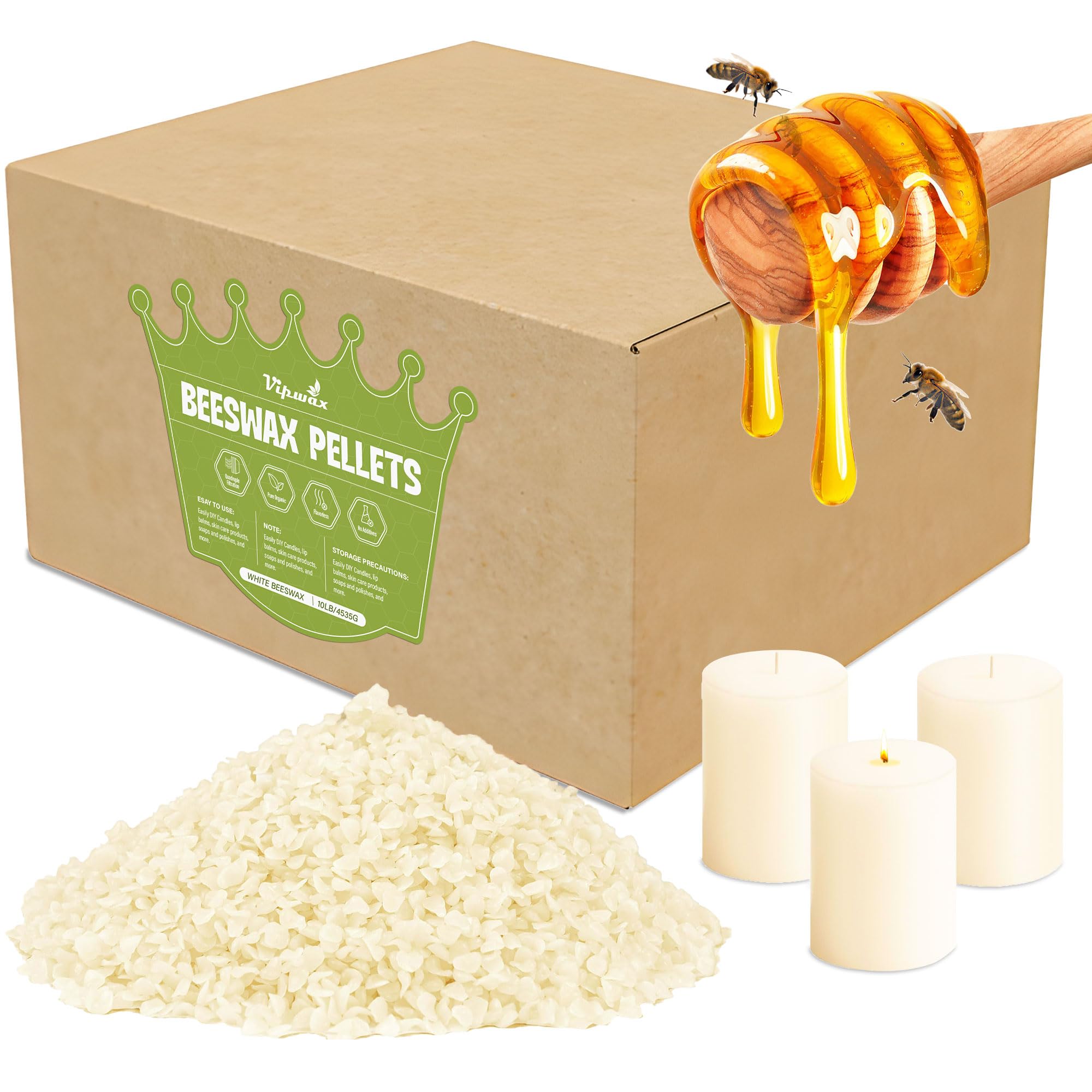 VIPwax White Beeswax Pellets 10LB, Natural Organic Beeswax, Beeswax for Candle Making, Body, Skin Care DIY, Lip Balm and Soap Making Supplies(4530g)