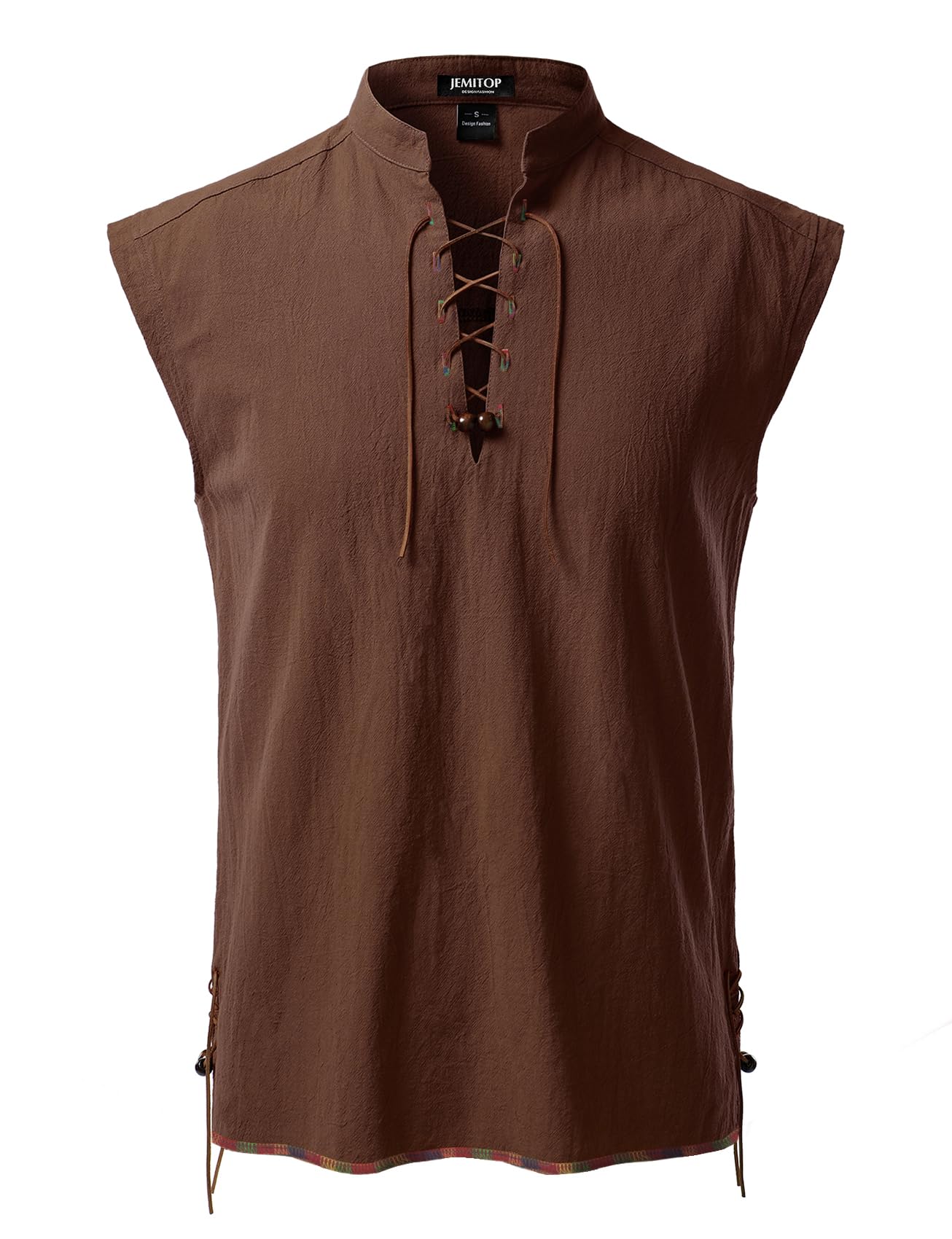 JEMITOP Men's Retro Renaissance Costume Lace Up Sleeveless Shirts for Pirate Medieval Viking Halloween Cosplay Coffee M