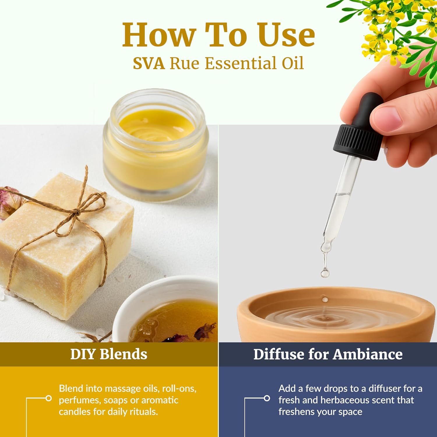 SVA Rue Essential Oil – 1 Fl Oz – 100% Natural Rue Oil - for Diffuser, Hair Care, Face, Skin Care, Aromatherapy, Scalp and Body Massage, Soap and Candle Making - with Dropper