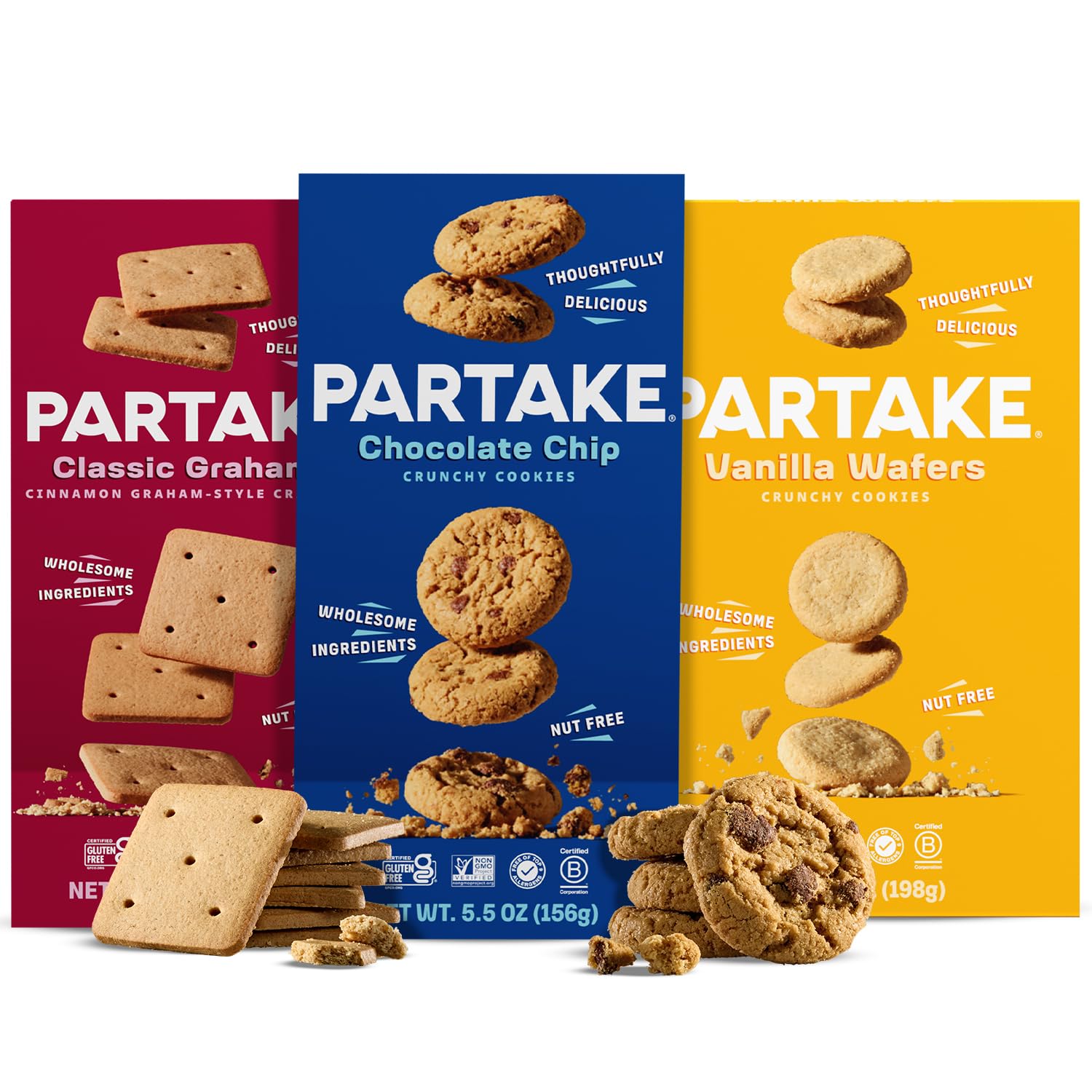- Gluten Free Partake Crunchy Cookie & Cracker Variety Pack (Chocolate Chip, Classic Graham Cracker, Vanilla Wafer) - Vegan - Free From the Top 9 Allergens Including Dairy, Wheat, Soy, Eggs, & Peanuts - Non GMO - Safe School & Office Snack (3 Pack, 5.5oz Boxes)