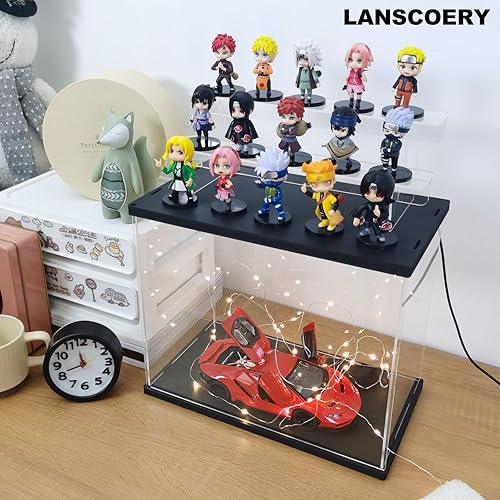 Miniatura 3 de LANSCOERY Vitrina de acrílico transparente con luz, soporte de 2 niveles con base negra, escaparate de protección a prueba de polvo para figuras