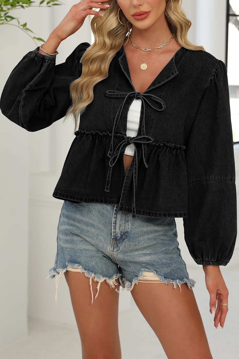 D-Sun Women Fall Peplum Babydoll Denim Shirt Tie Front Long Puff Sleeves Jean Blouse Y2K Cropped Bow Open Front Top - Image 2