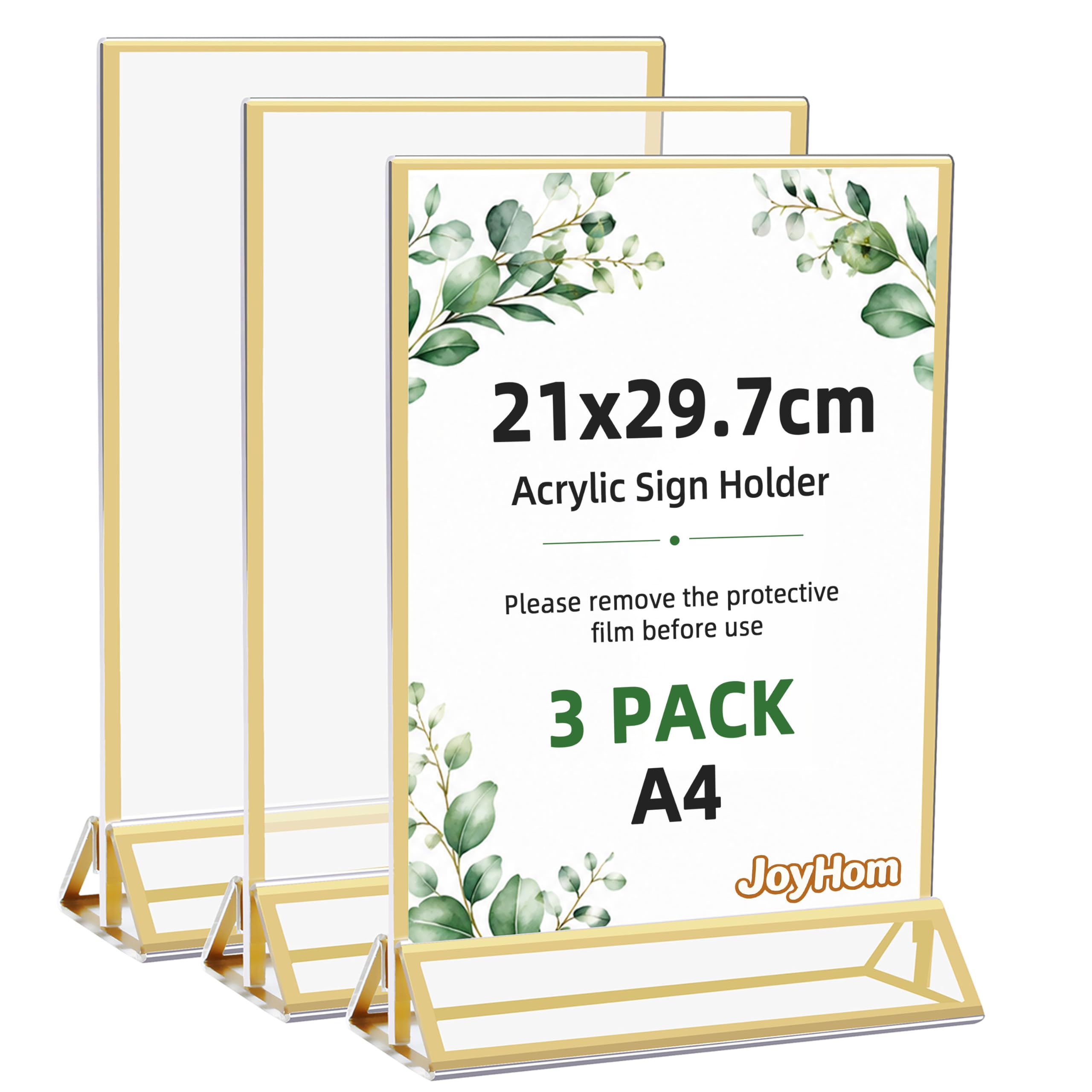 JoyHom A4 Acrylic Sign Holder with Gold Borders, Double Sided Gold Picture Frame, Upright Double Sided Acrylic Display Stand for Wedding Table Numbers Stores, Restaurants, Hotels, Office, 3 Pack