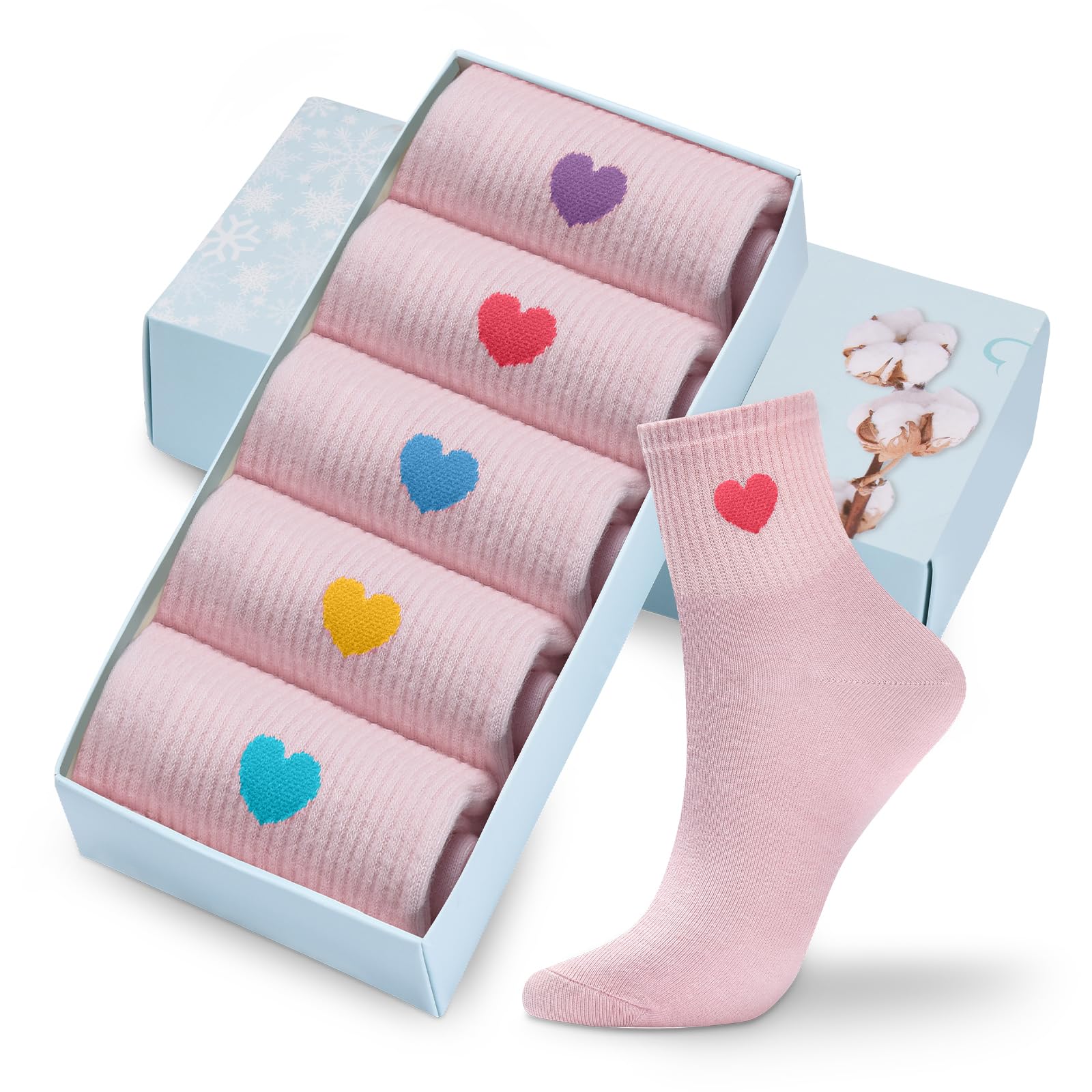 Corlap Women's Cute Cotton Crew Athletic Running Socks - Ankle High, Novelty Fun Heart Design 5-Pairs (Gift Box)