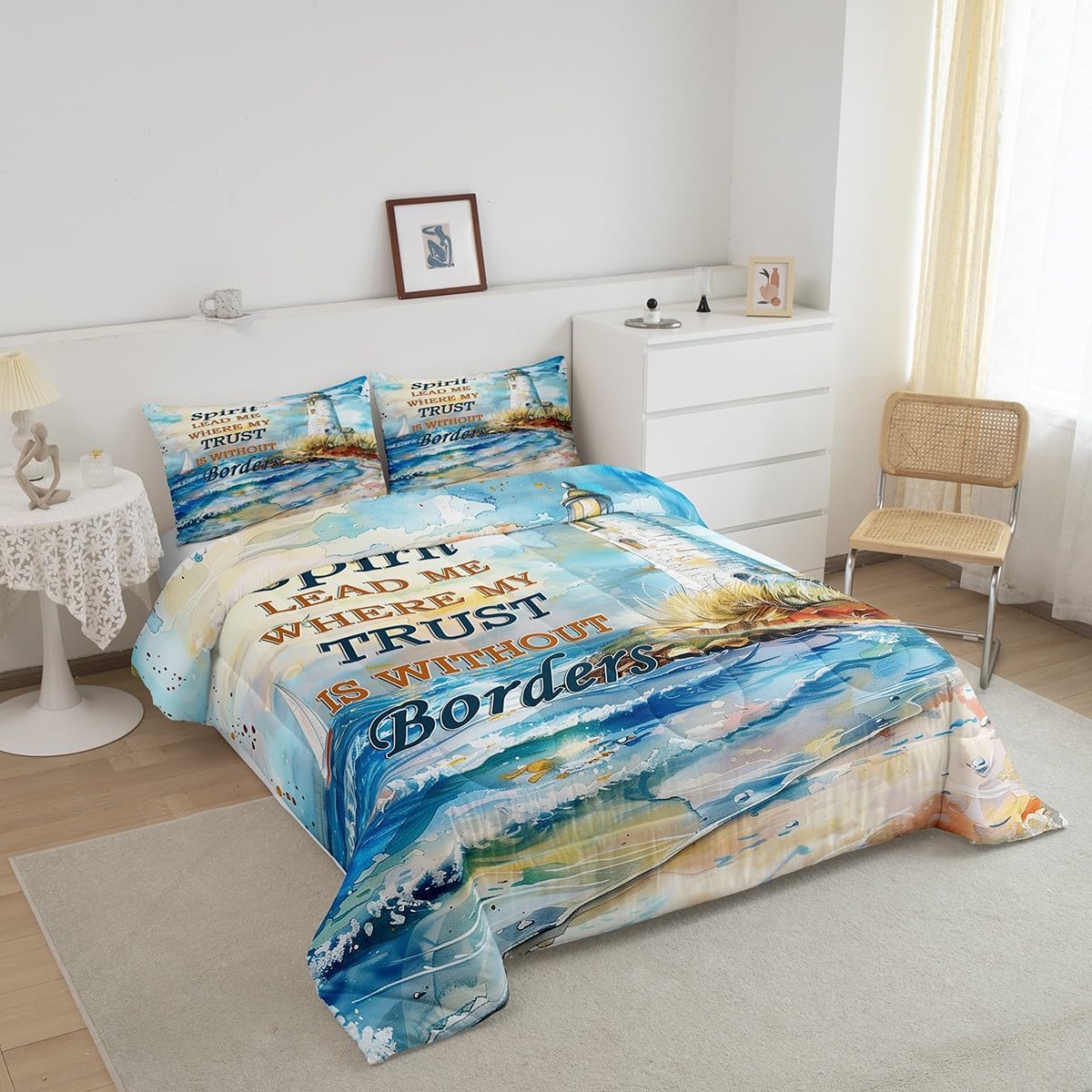 Manfei Nautical Lighthouse Kids Comforter Set Queen Size,Watercolor Ocean Waves Bedding Set,Boys Girls Room Decor,Seaside Ocean Adventure Nature Down Comforter,Sea Blue Duvet Insert,2 Pillowcases