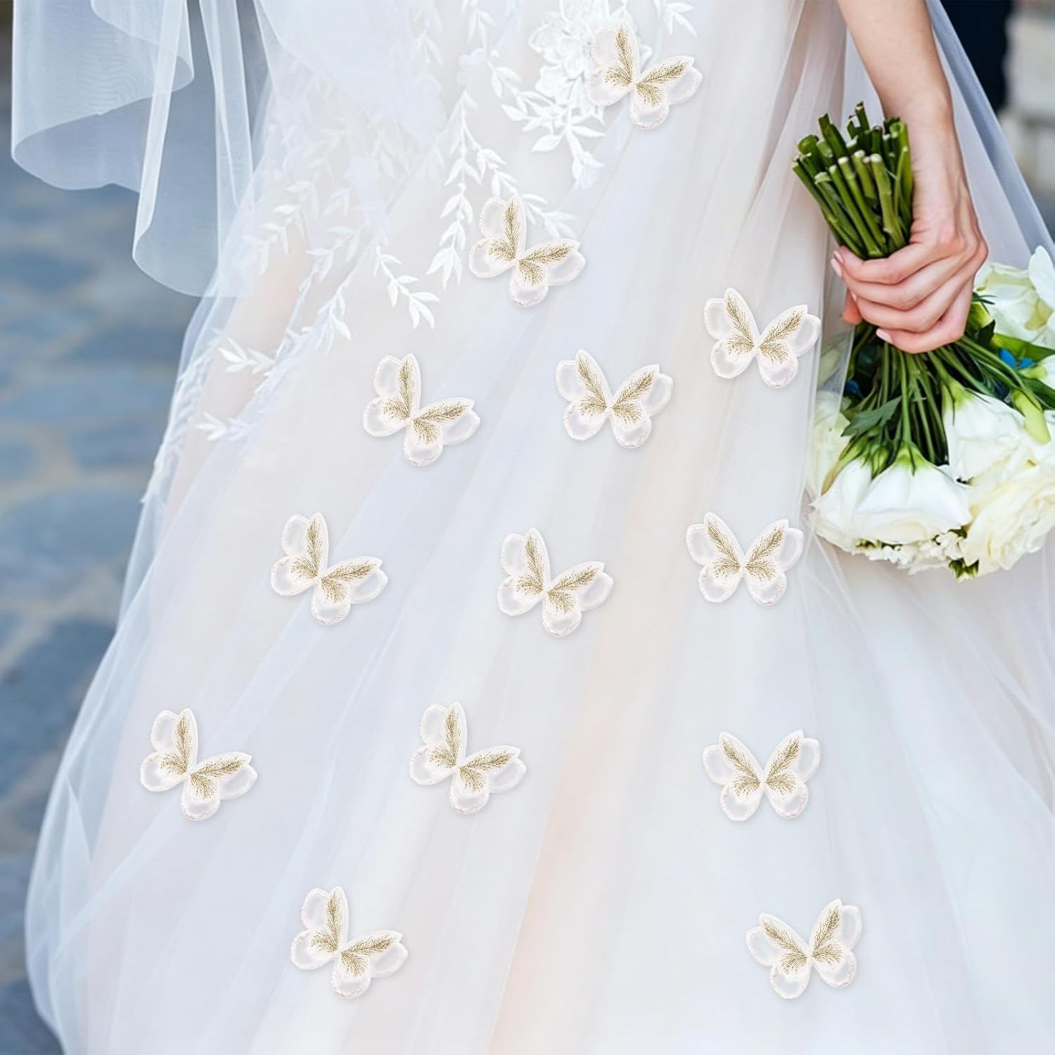 White Double-Deck Butterfly Appliques Embellishments, 24 Pcs Gold Thread Lace Appliques for Sewing Organza Lace Patches for Wedding Bride