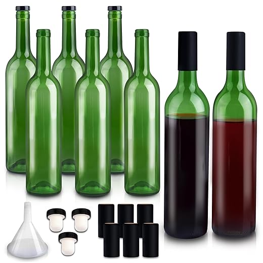 GUANENA 8 Pack 750ml Glass Wine Bottles, 25oz Green Glass Bottles with Cork Lids and PVC Shrink Capsules, Empty Home Brewing Wine Bottles with Funnel for Wine Making, Limoncello, Mead, Liquor