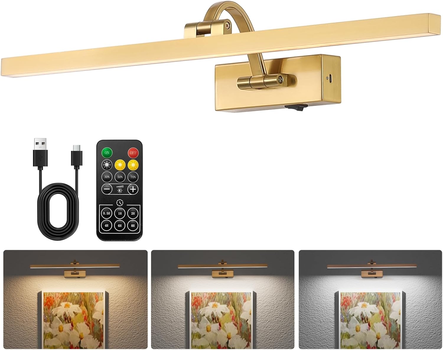 Wireless Picture Lights for Wall,23.5 Inch Brass Art Light for Paintings,Battery Operated Picture Lights with Remote Control,Dimmable Rechargeable Art Lamps for Picture Frame,Gallery 23.43inch Brass