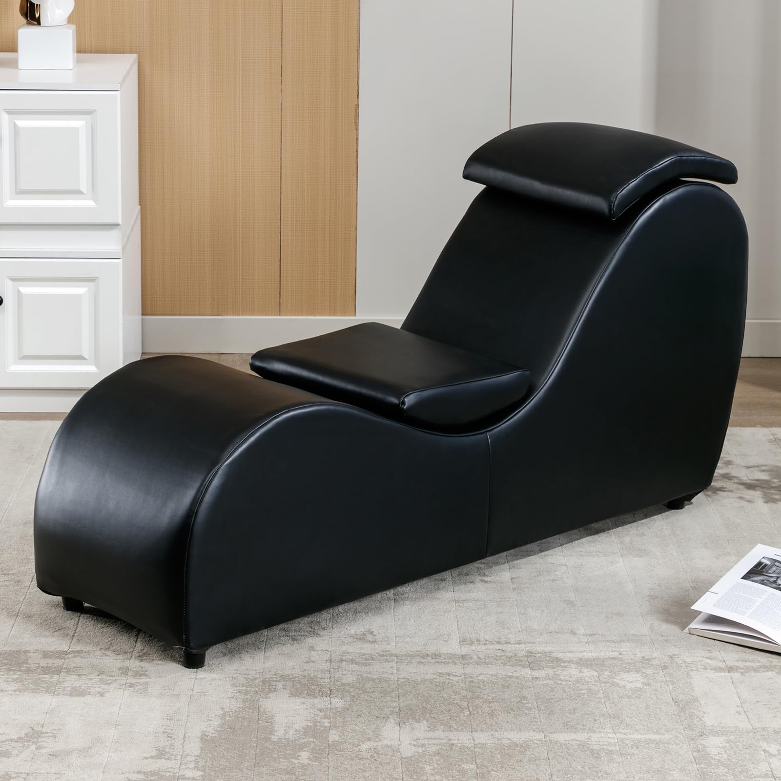 PUREMIND Yoga Chair, Curved Yoga Chaise Lounge for Adult Stretching, Exercising and Relaxing, Indoor Lounge Chair with Adjustable Head Cushion for Living Room Apartment and Bedroom - Black