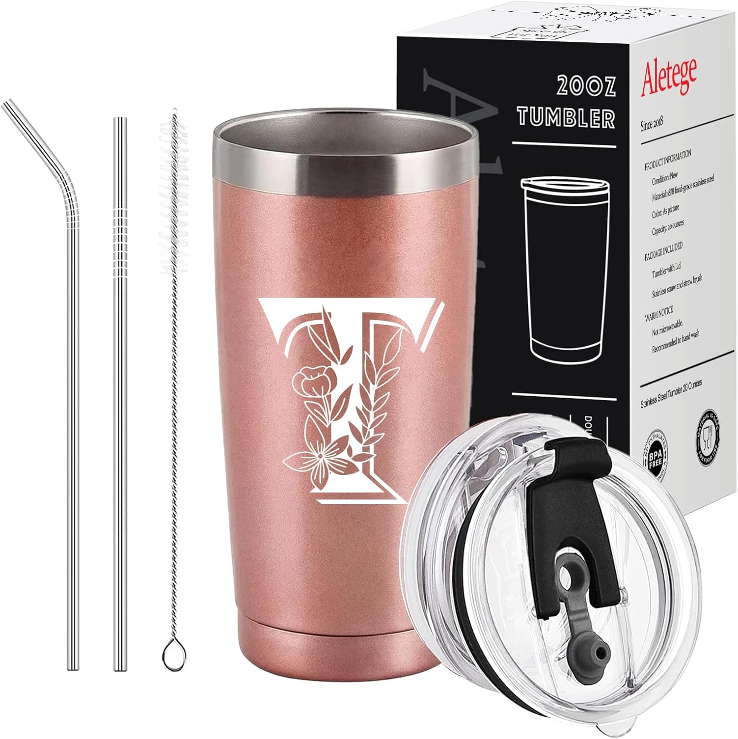 Letter T Insulated Travel Cup with Lid, Personalized Initial Mugs for Women, Letter T Gift Coffee Mugs for Women, Wife, Mom, Grandma, Bridal Shower Gifts, 20 OZ Rose Gold Two Lids