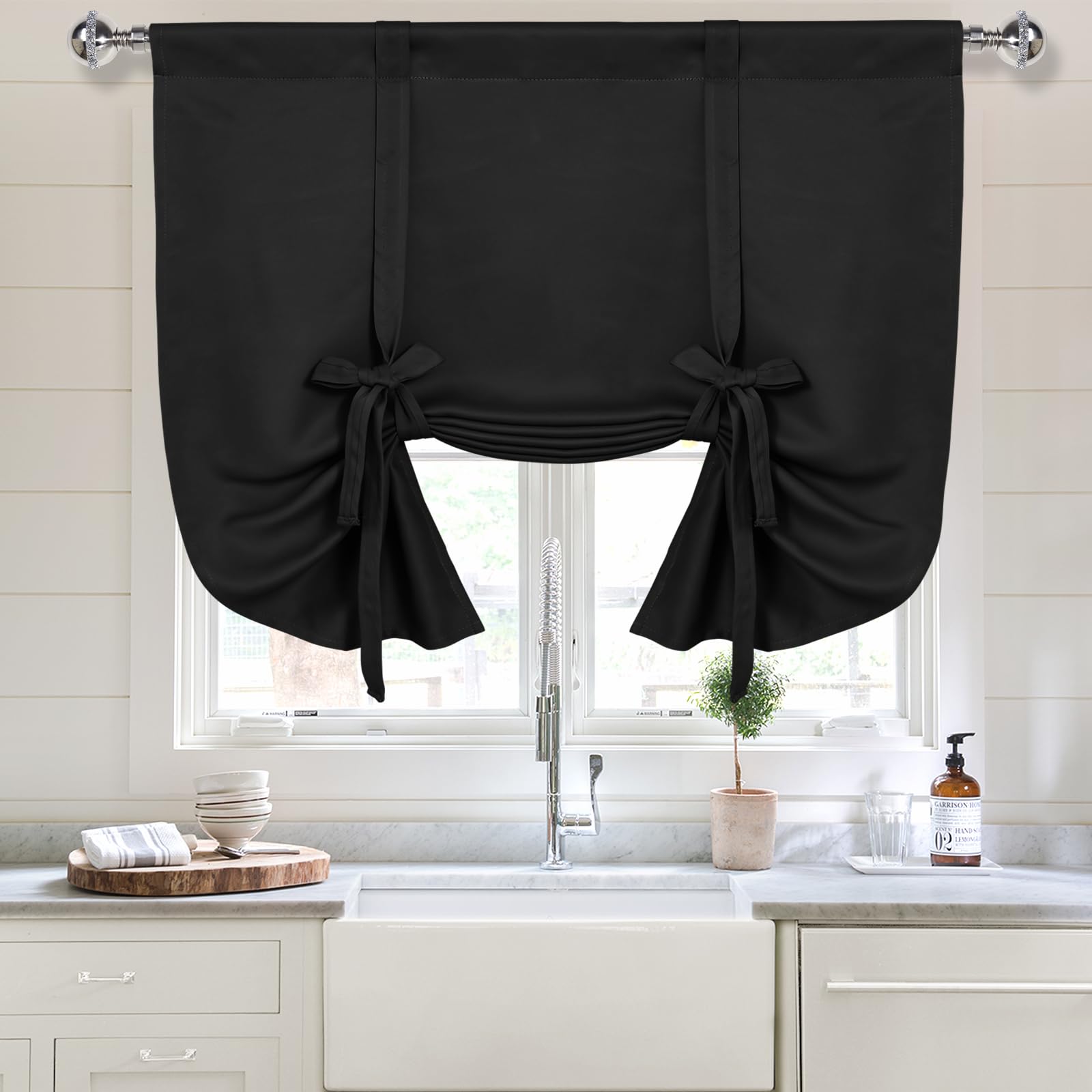 DWCN Blackout Curtains-Tie Up Shade for Window Thermal Insulated Room Darkening Rod Pocket Curtains for Kitchen, Black, W34 X L45 Inches, 1 Panel