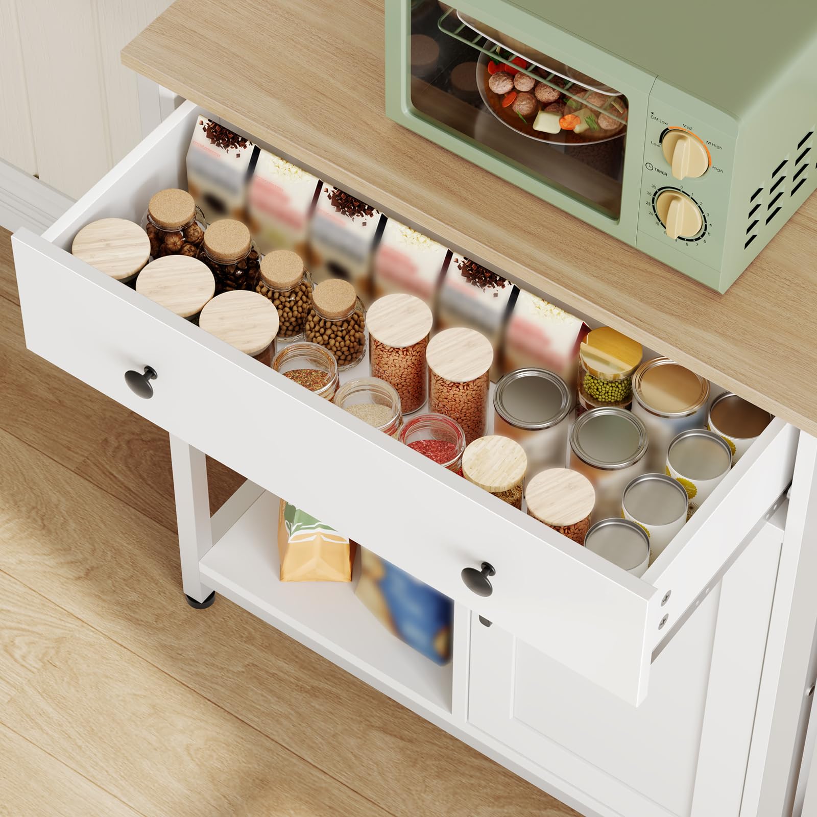 HOOBRO Sideboard Küche mit Schublade, Küchenschrank mit verstellbarem Regal, Aufbewahrungsschrank mit Türen, Kaffeebarschrank für Cafés, Küche, Restaurant, Wohnzimmer, Weiß und Natur EWN70CB01
