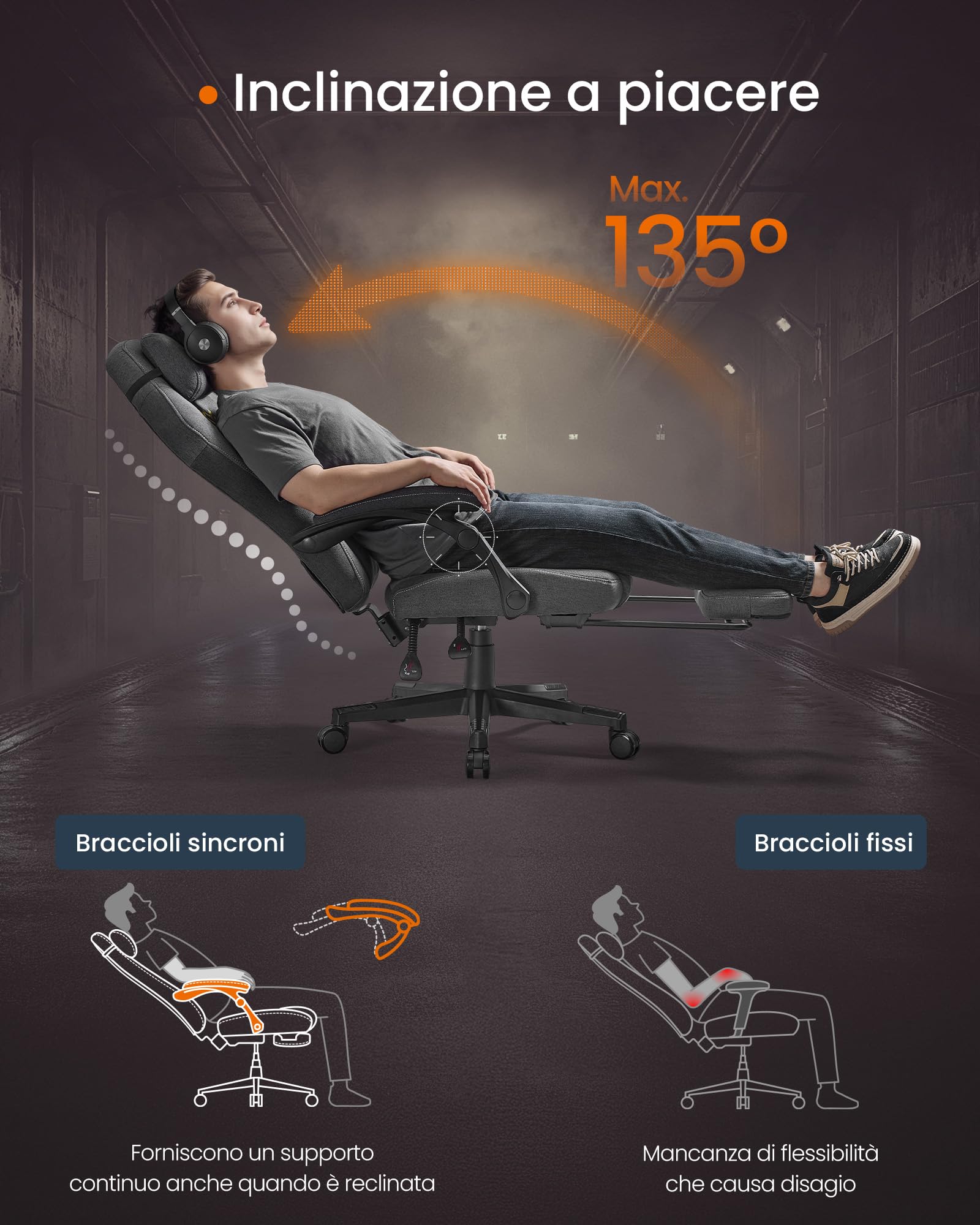 SONGMICS HOME Sedia da Gaming Ergonomica per Computer Con Poggiapiedi e Poggiatesta, Cotone-Lino, Altezza Regolabile, Grigio Tortora OBG072G01