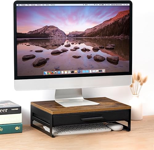 Miniatura 6 de MOTISHELF - Soporte de madera para monitor con cajón, elevador de monitor de escritorio con almacenamiento, estante organizador de escritorio para