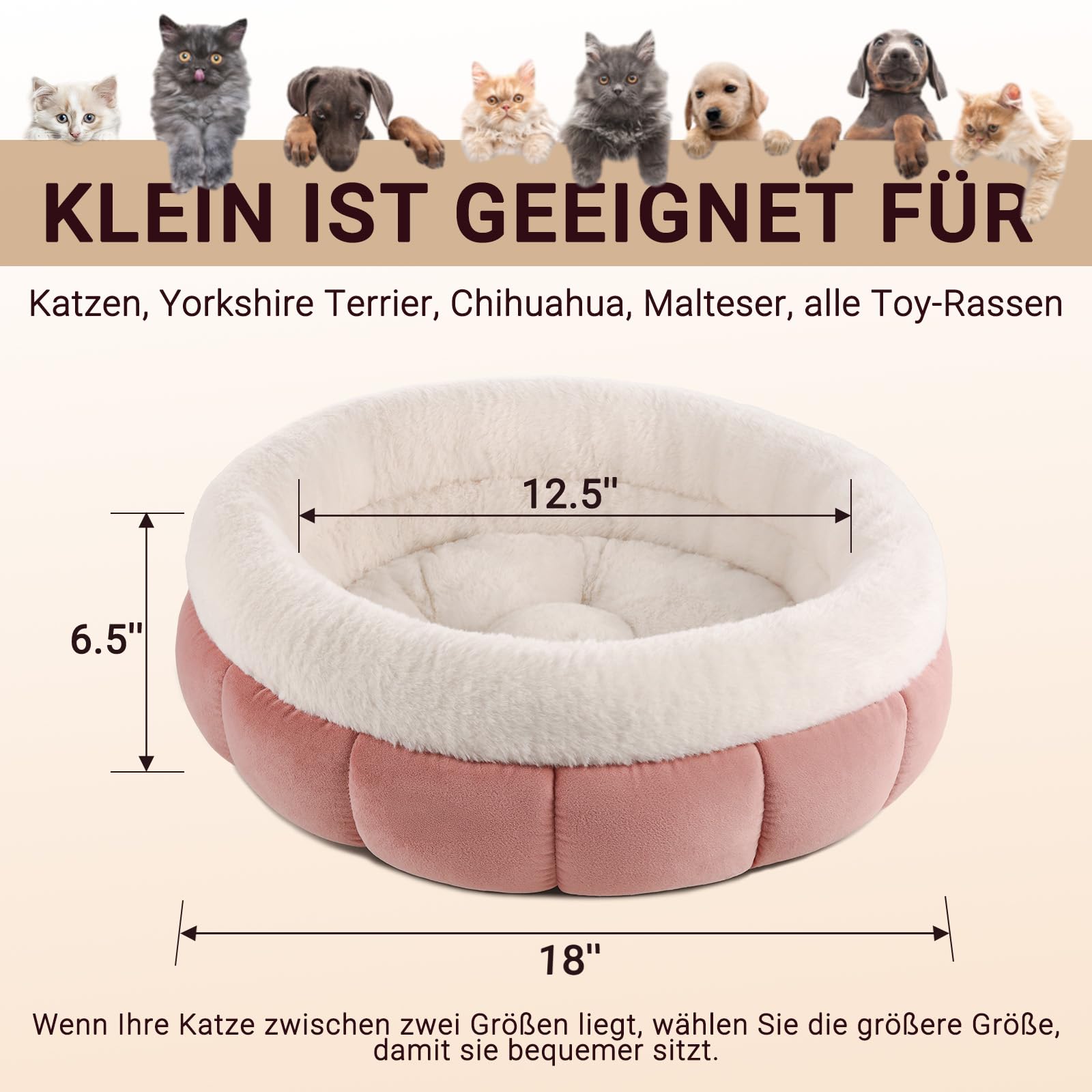 EDMIENS Katzenbett Klein, Katzenbett Flauschig Waschbar, Katzen Bett Indoor, Katzenkissen Rosa, Rund Katzenkörbchen mit Rutschfester Basis, Katzenschlafplatz für Katzen, Kleine Hunde, 45x45x16.5cm