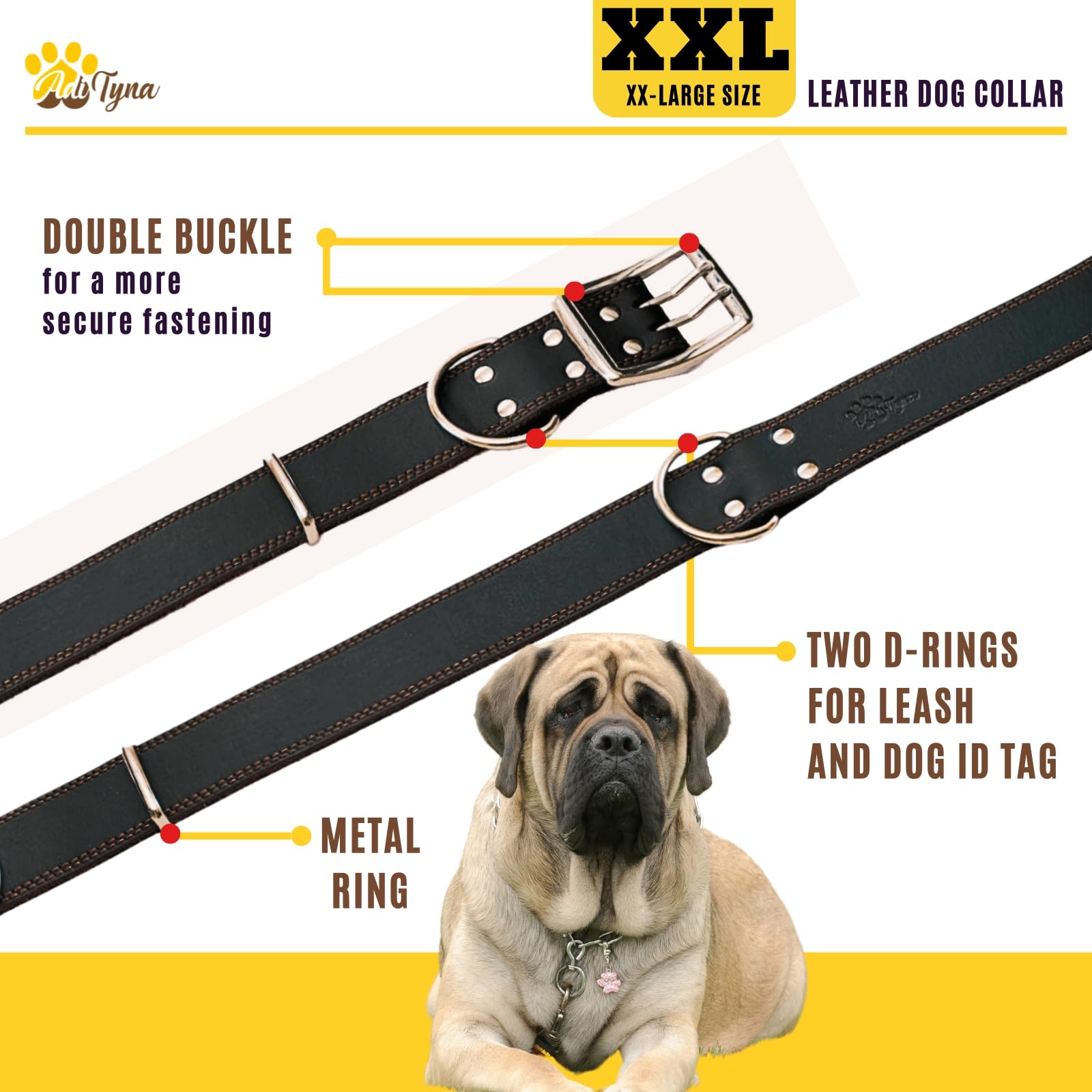 ADITYNA Großes Leder-Hundehalsband – XXL-Hundehalsband für riesige Rassen wie Mastiff, Bernhardiner, Neufundländer, Kangal (schwarz, riesig: passend für Halsumfang von 76,2 - 91,4 cm)