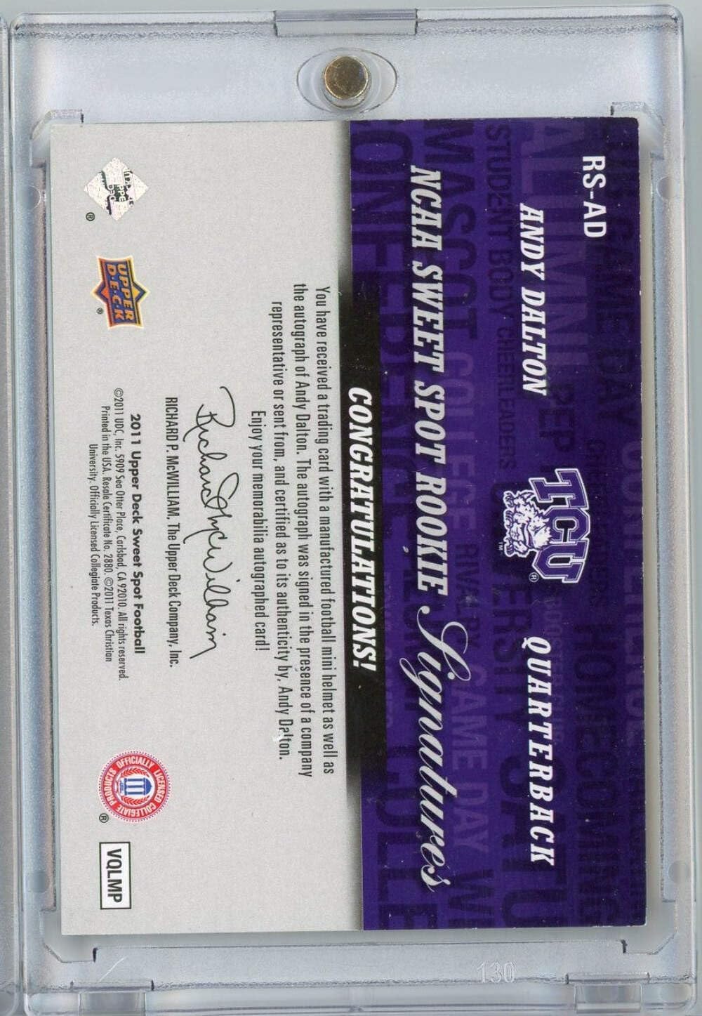 2011 Upper Deck Sweet Spot Football Andy Dalton #RSAD /75 Autograph Rookie RC Football Card