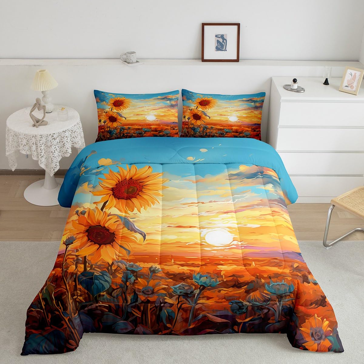 Parure de lit douce motif tournesol en peinture à l'huile